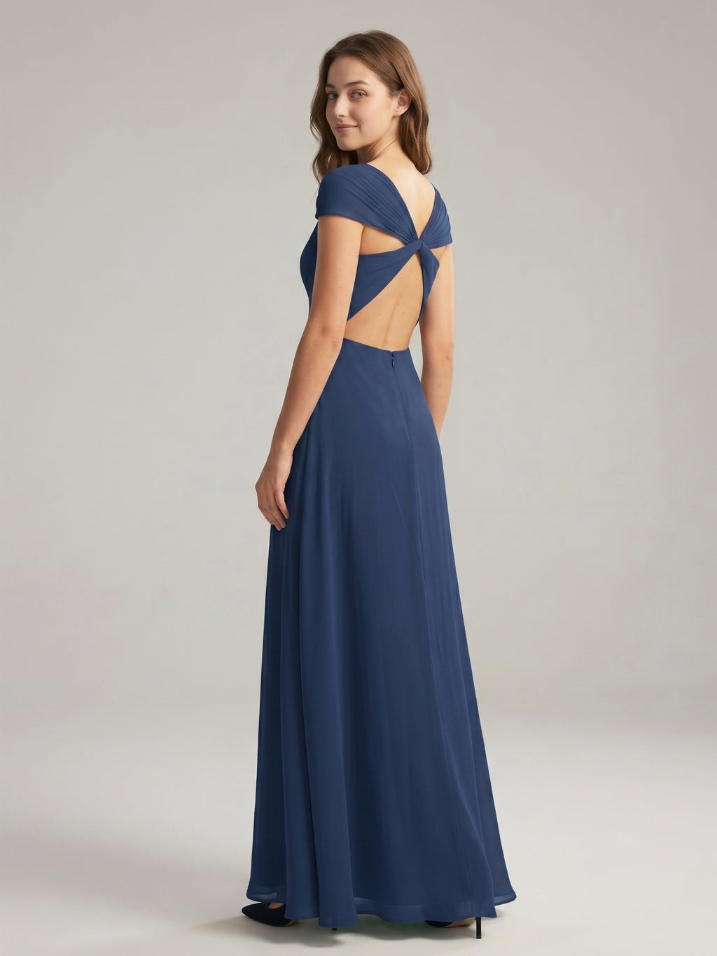 Navy Blue Chiffon A-Line Sweetheart Backless Floor-Length Bridesmaid Dress