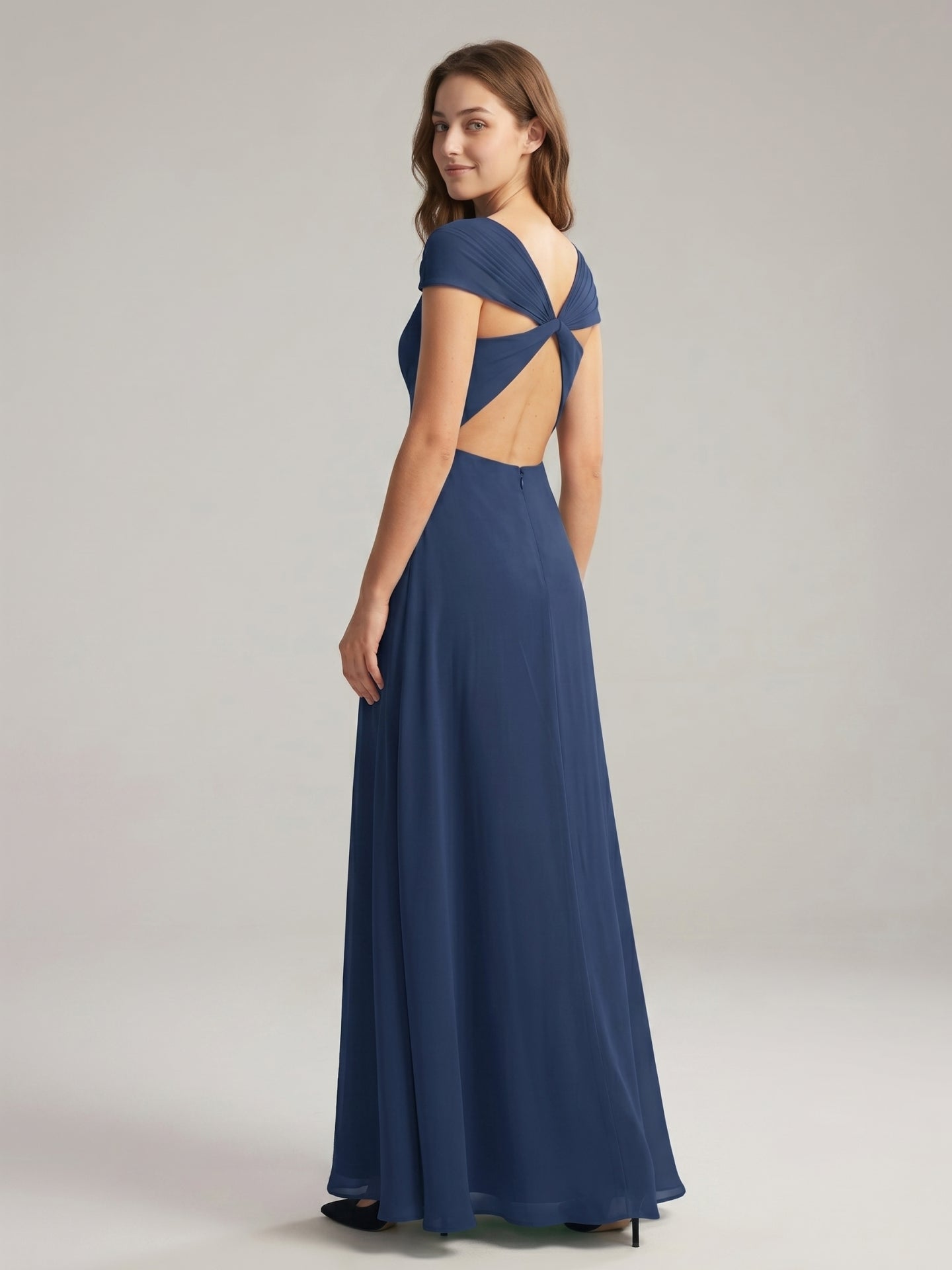Navy Blue Chiffon A-Line Sweetheart Backless Floor-Length Bridesmaid Dress