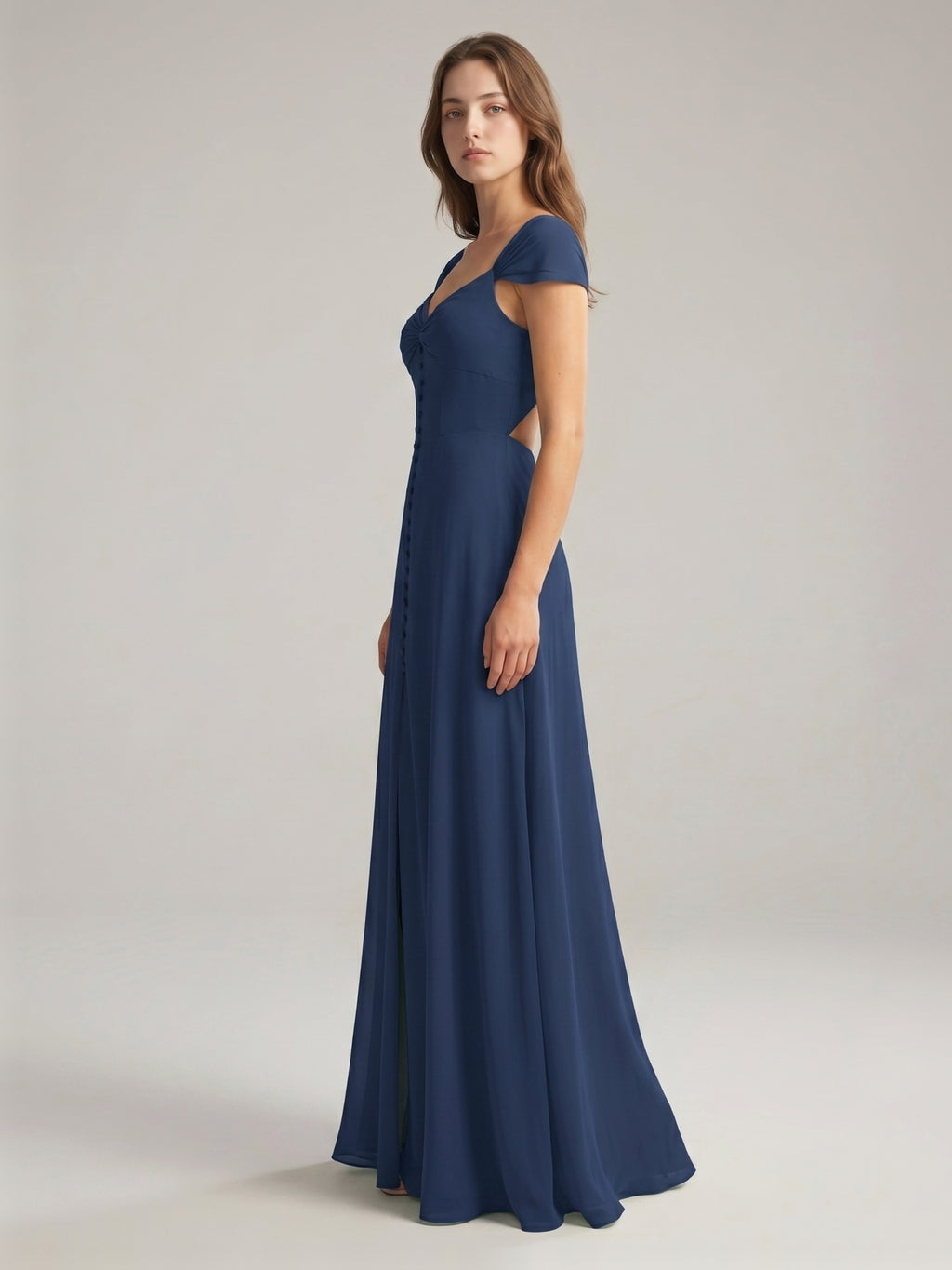 Navy Blue Chiffon A-Line Sweetheart Backless Floor-Length Bridesmaid Dress