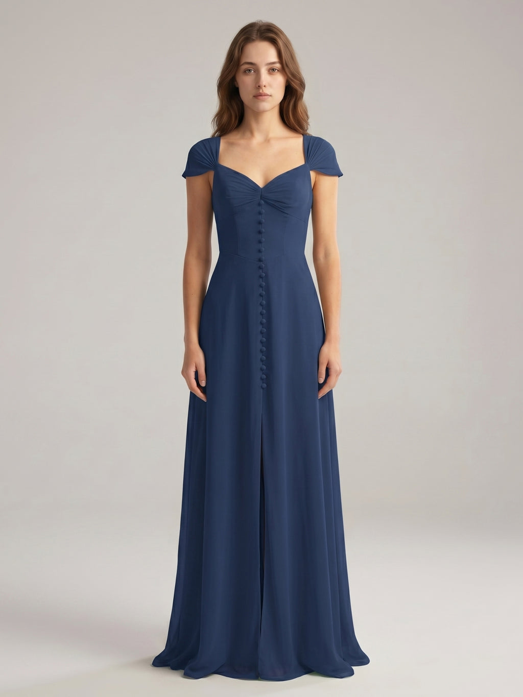 Navy Blue Chiffon A-Line Sweetheart Backless Floor-Length Bridesmaid Dress
