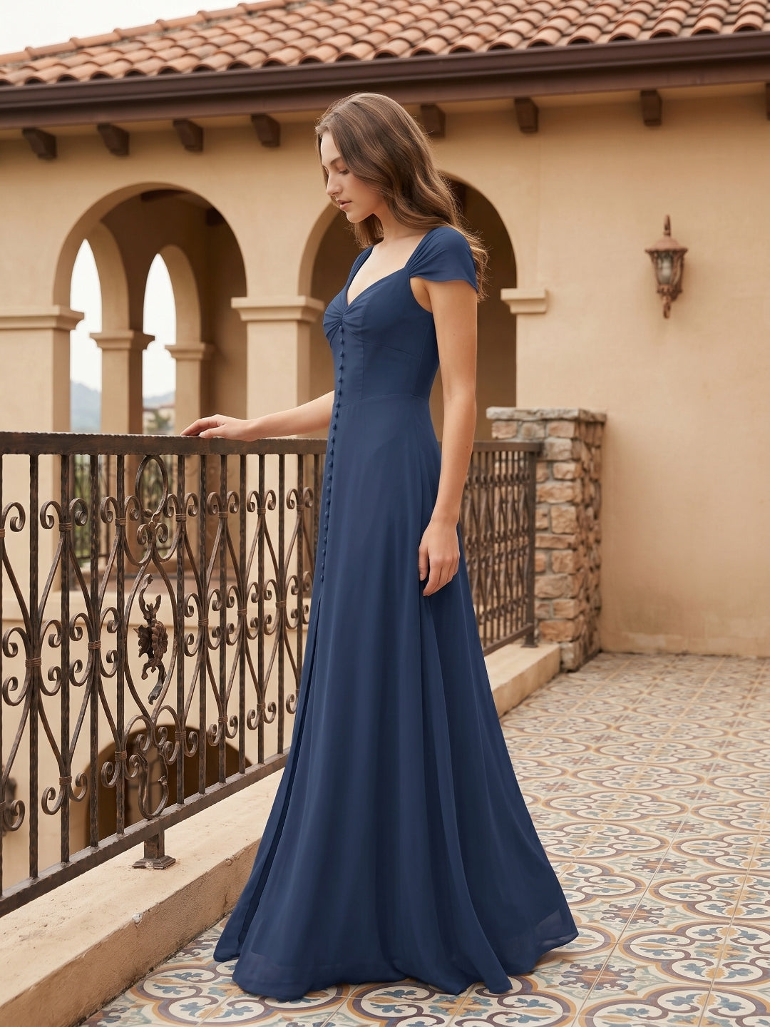 Navy Blue Chiffon A-Line Sweetheart Backless Floor-Length Bridesmaid Dress