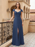 Navy Blue Chiffon A-Line Sweetheart Backless Floor-Length Bridesmaid Dress