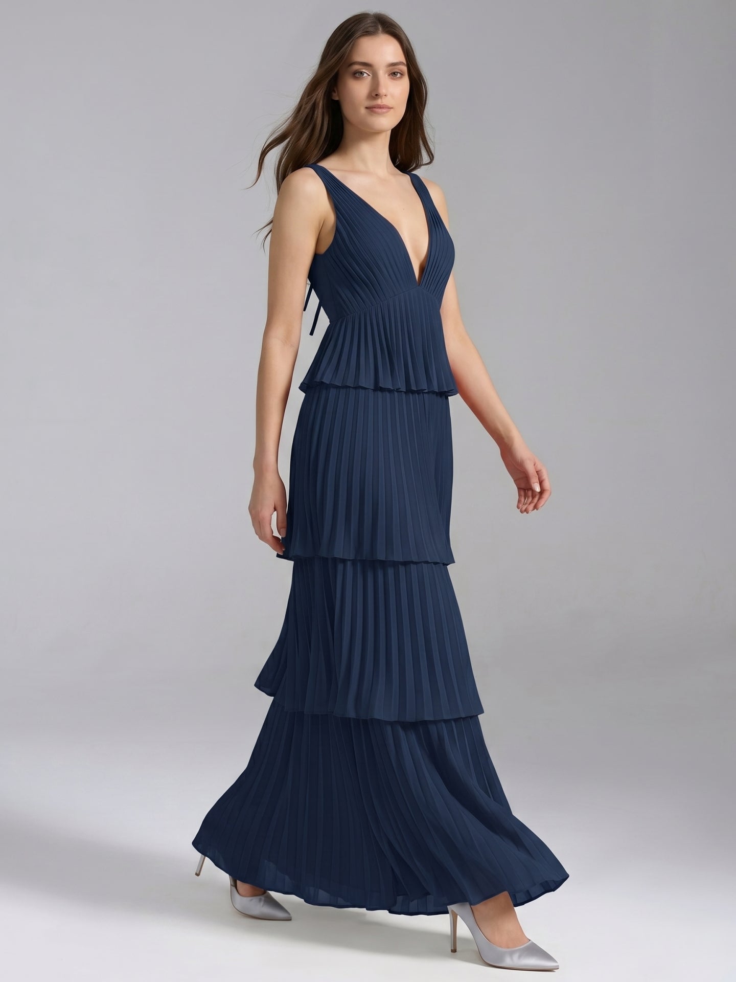 Navy Blue Chiffon A-Line V-Neck Backless Floor-Length Bridesmaid Dress with Cascading Ruffles