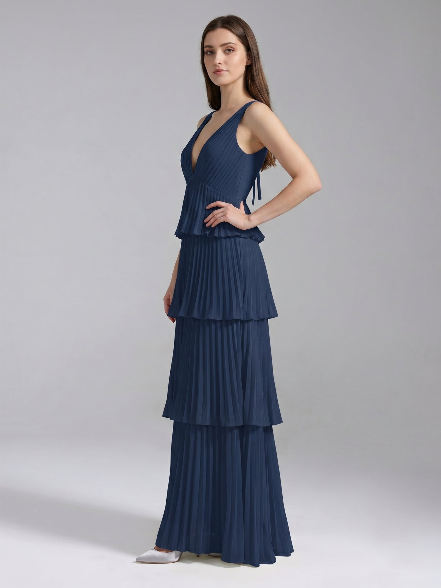 Navy Blue Chiffon A-Line V-Neck Backless Floor-Length Bridesmaid Dress with Cascading Ruffles