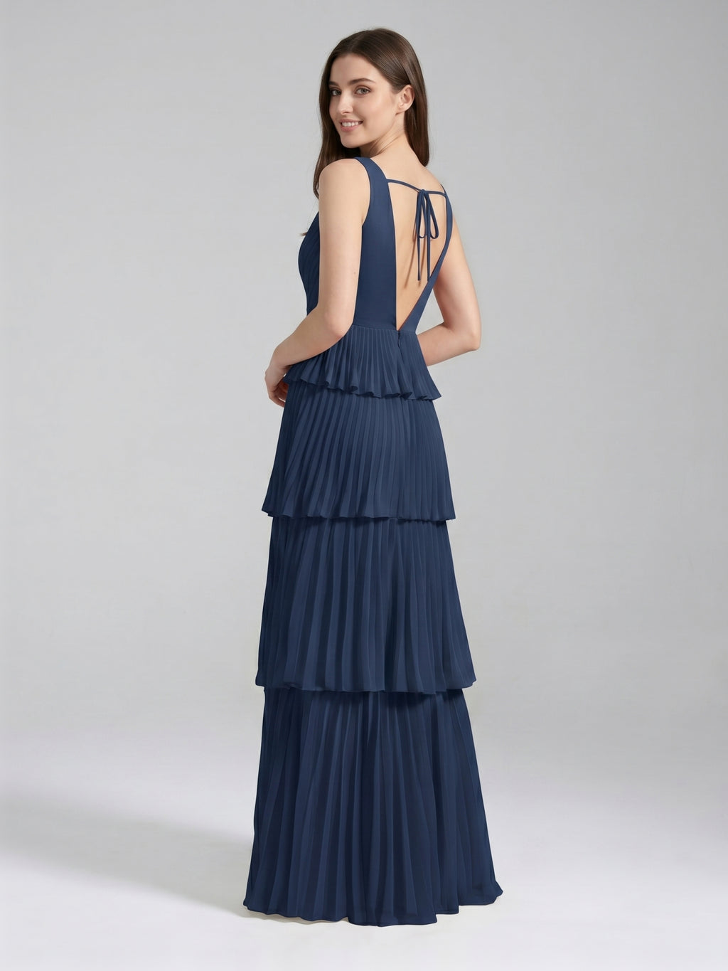 Navy Blue Chiffon A-Line V-Neck Backless Floor-Length Bridesmaid Dress with Cascading Ruffles