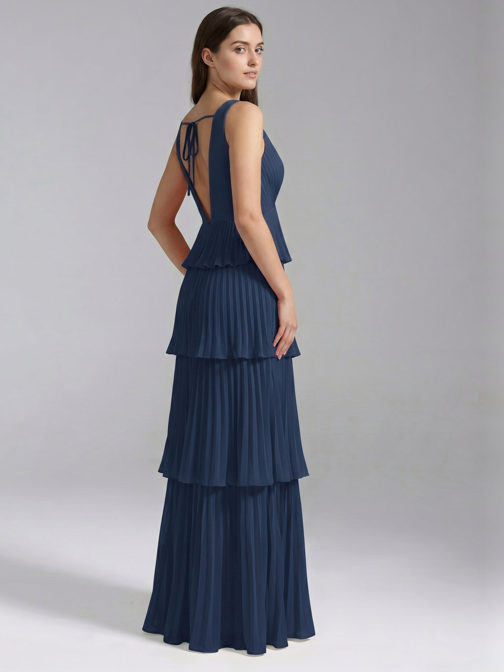 Navy Blue Chiffon A-Line V-Neck Backless Floor-Length Bridesmaid Dress with Cascading Ruffles