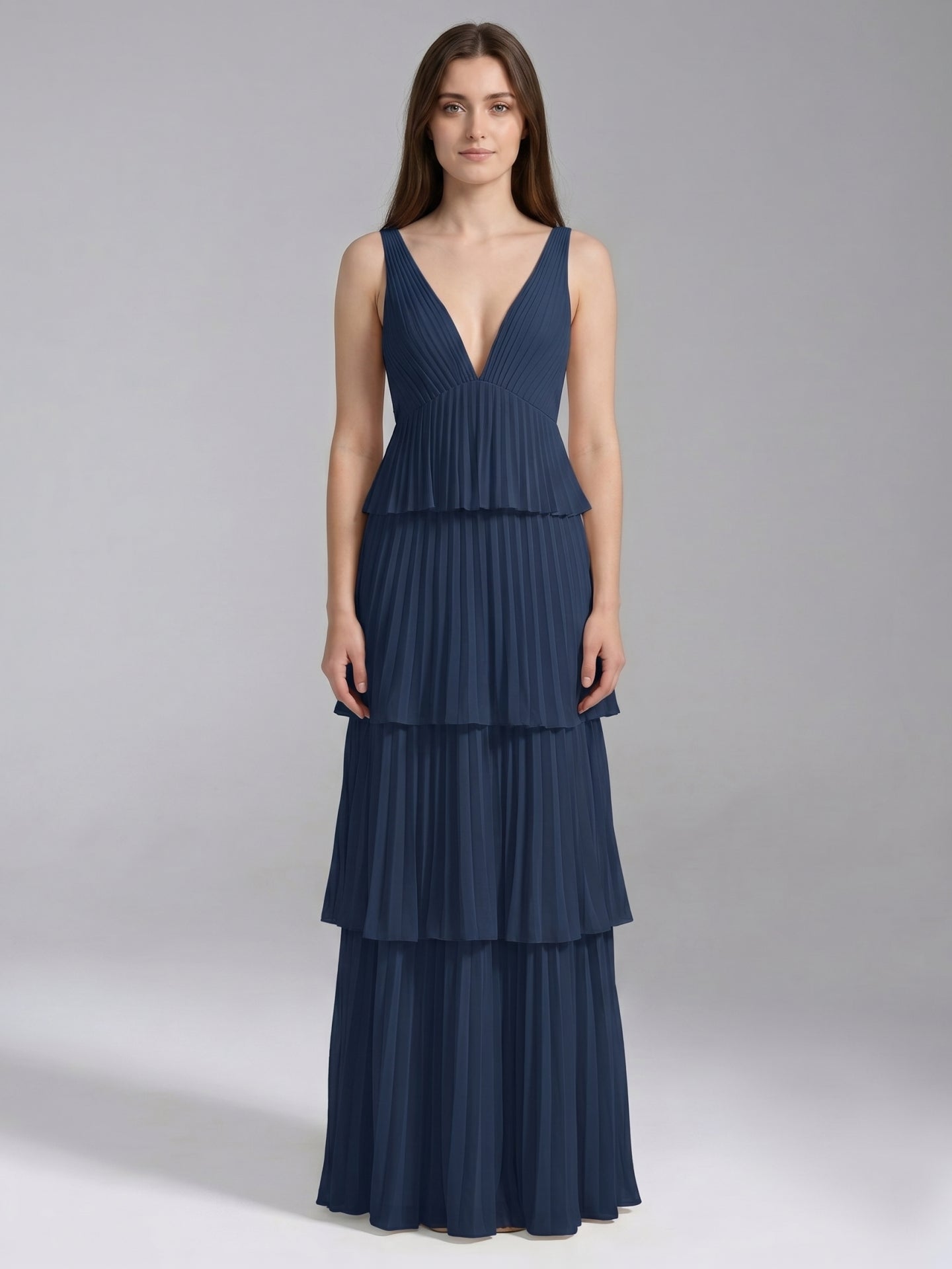 Navy Blue Chiffon A-Line V-Neck Backless Floor-Length Bridesmaid Dress with Cascading Ruffles
