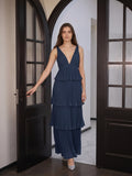 Navy Blue Chiffon A-Line V-Neck Backless Floor-Length Bridesmaid Dress with Cascading Ruffles