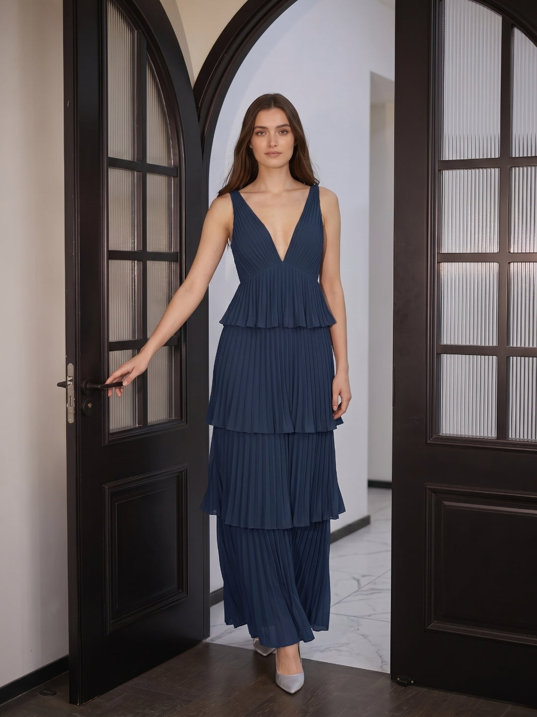 Navy Blue Chiffon A-Line V-Neck Backless Floor-Length Bridesmaid Dress with Cascading Ruffles