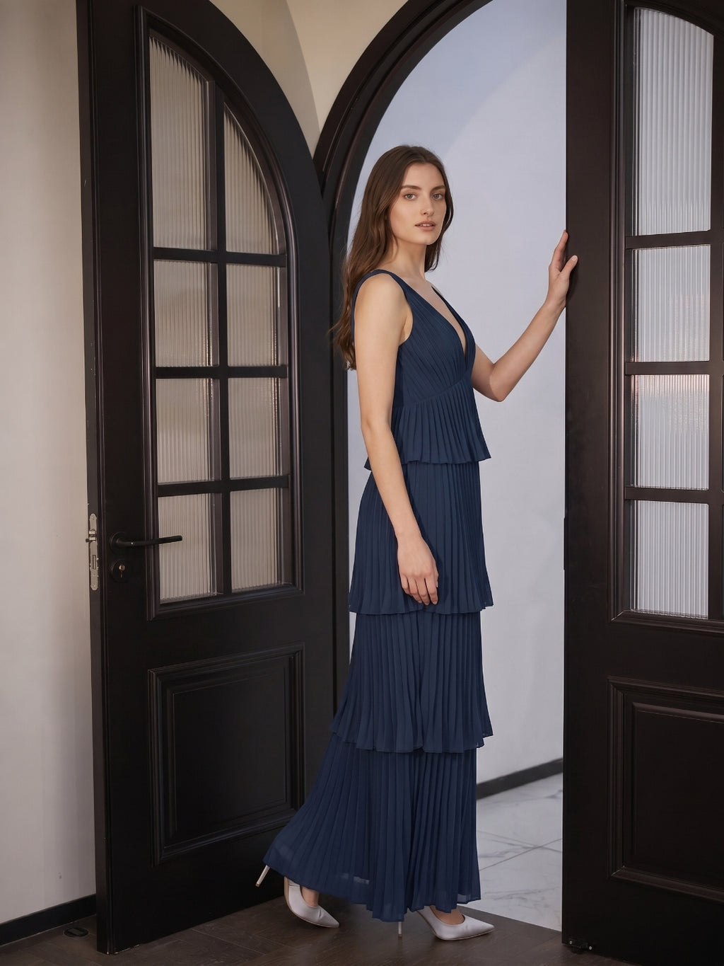 Navy Blue Chiffon A-Line V-Neck Backless Floor-Length Bridesmaid Dress with Cascading Ruffles