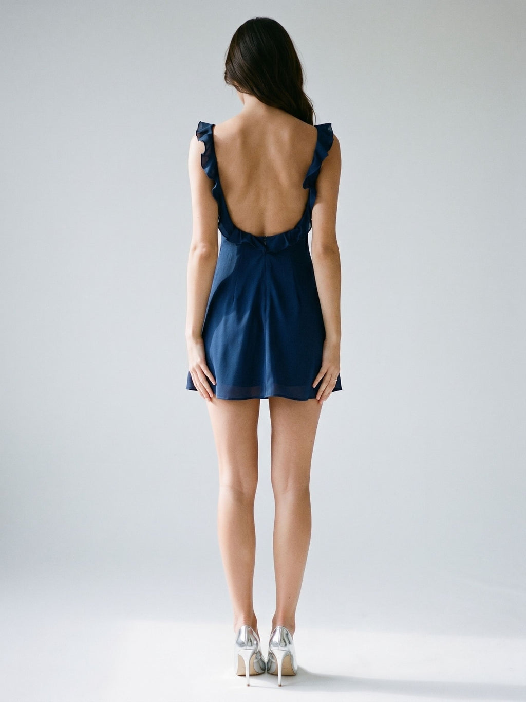 Navy Blue Chiffon A-Line V-Neck Backless Short Dress with Ruffles