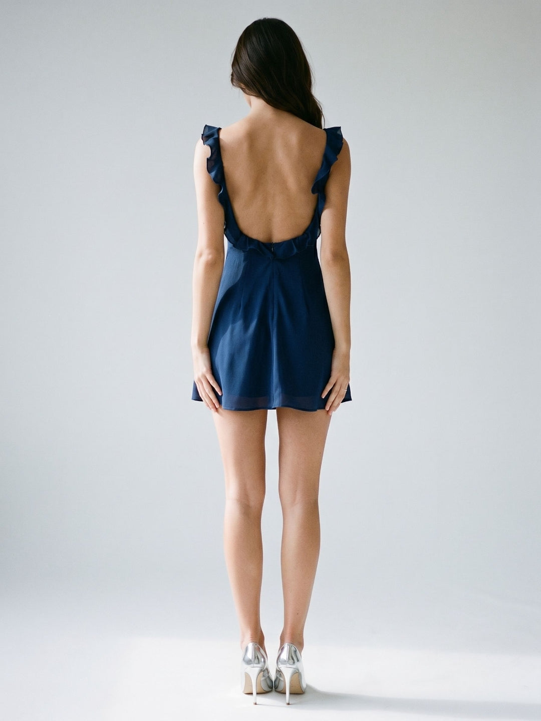 Navy Blue Chiffon A-Line V-Neck Backless Short Dress with Ruffles