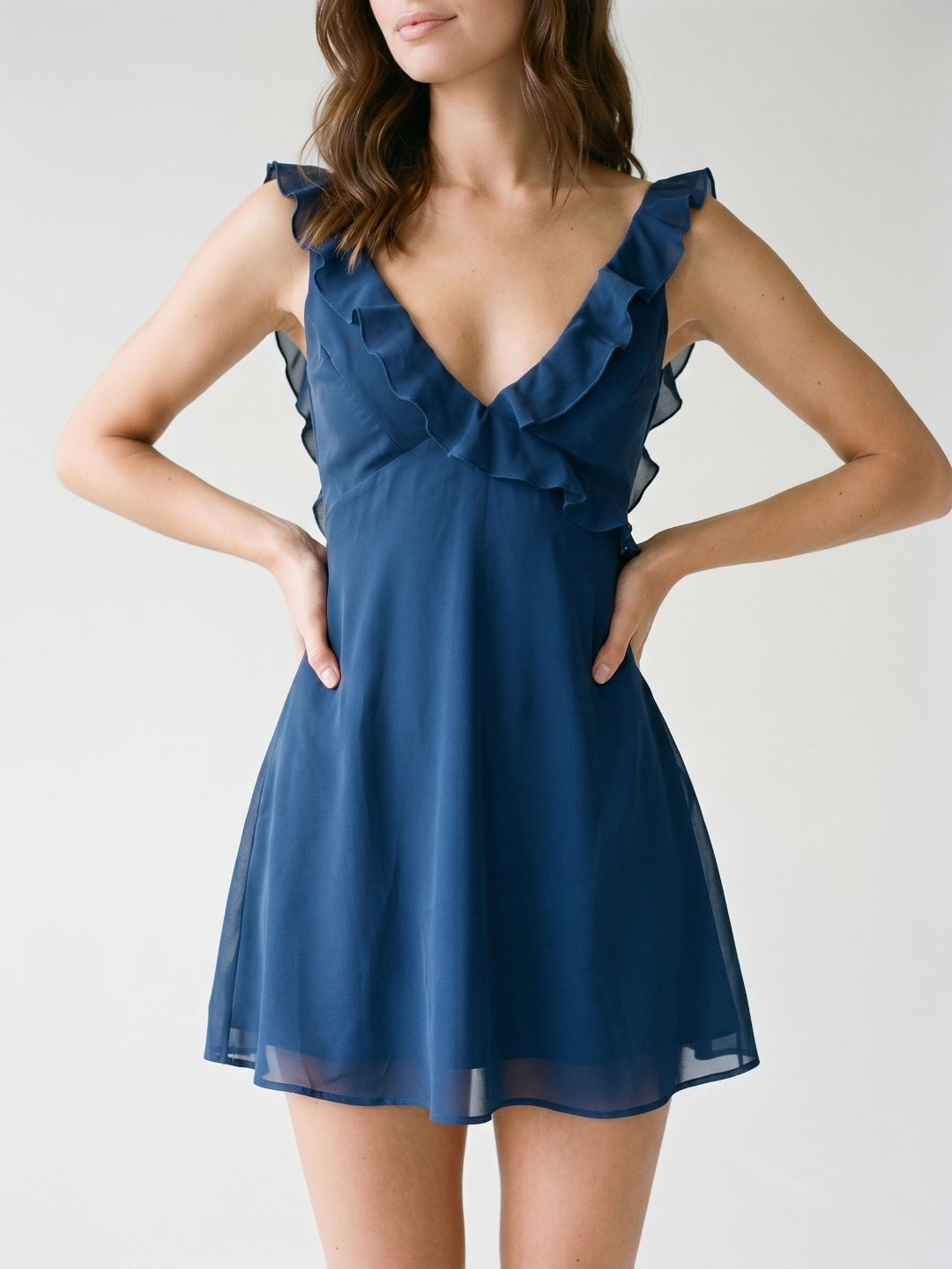 Navy Blue Chiffon A-Line V-Neck Backless Short Dress with Ruffles