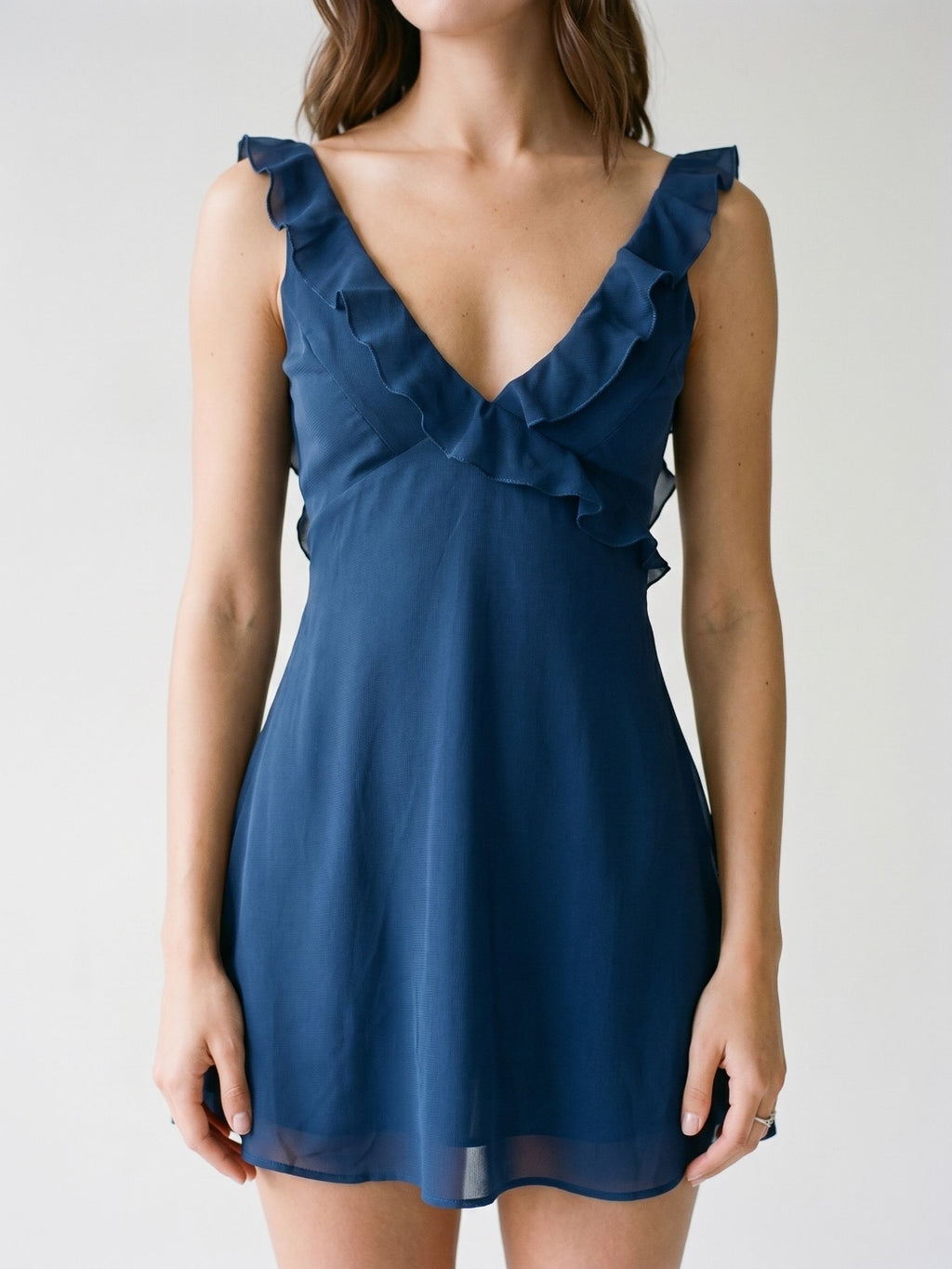 Navy Blue Chiffon A-Line V-Neck Backless Short Dress with Ruffles