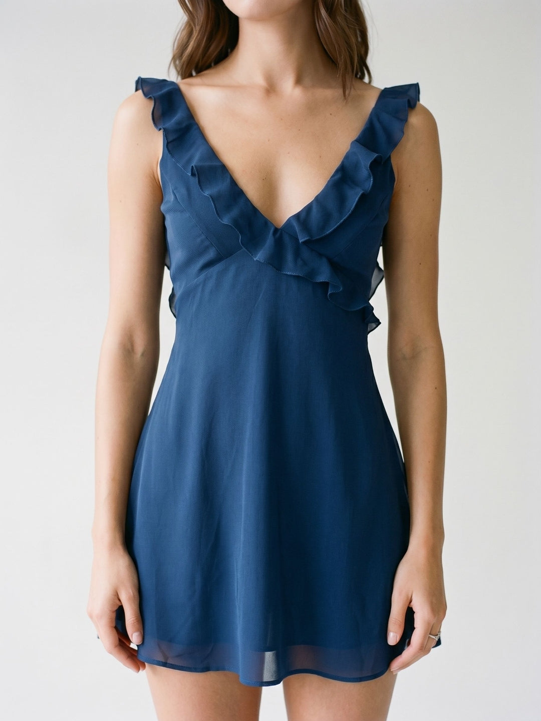 Navy Blue Chiffon A-Line V-Neck Backless Short Dress with Ruffles