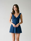 Navy Blue Chiffon A-Line V-Neck Backless Short Dress with Ruffles