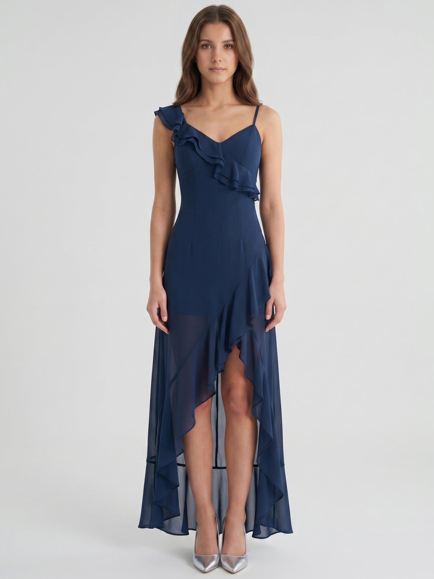 Navy Blue Chiffon A-Line V-Neck Side Zip Floor-Length Bridesmaid Dress with Ruffle