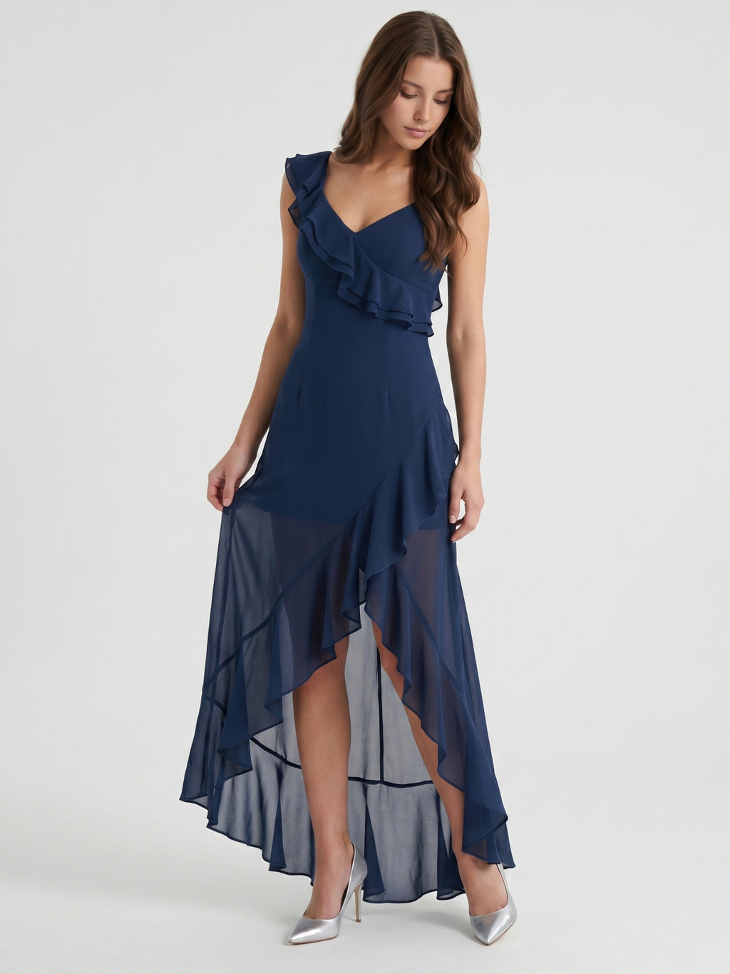 Navy Blue Chiffon A-Line V-Neck Side Zip Floor-Length Bridesmaid Dress with Ruffle