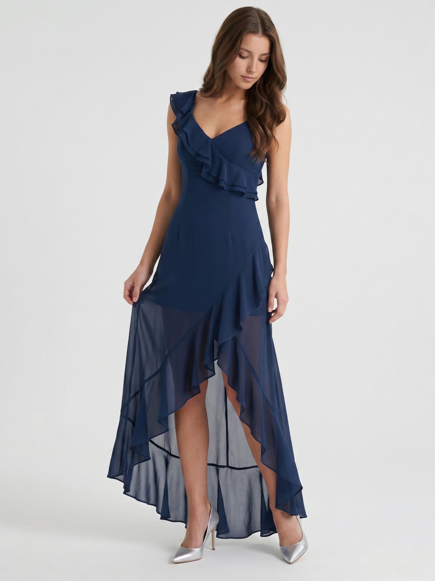 Navy Blue Chiffon A-Line V-Neck Side Zip Floor-Length Bridesmaid Dress with Ruffle