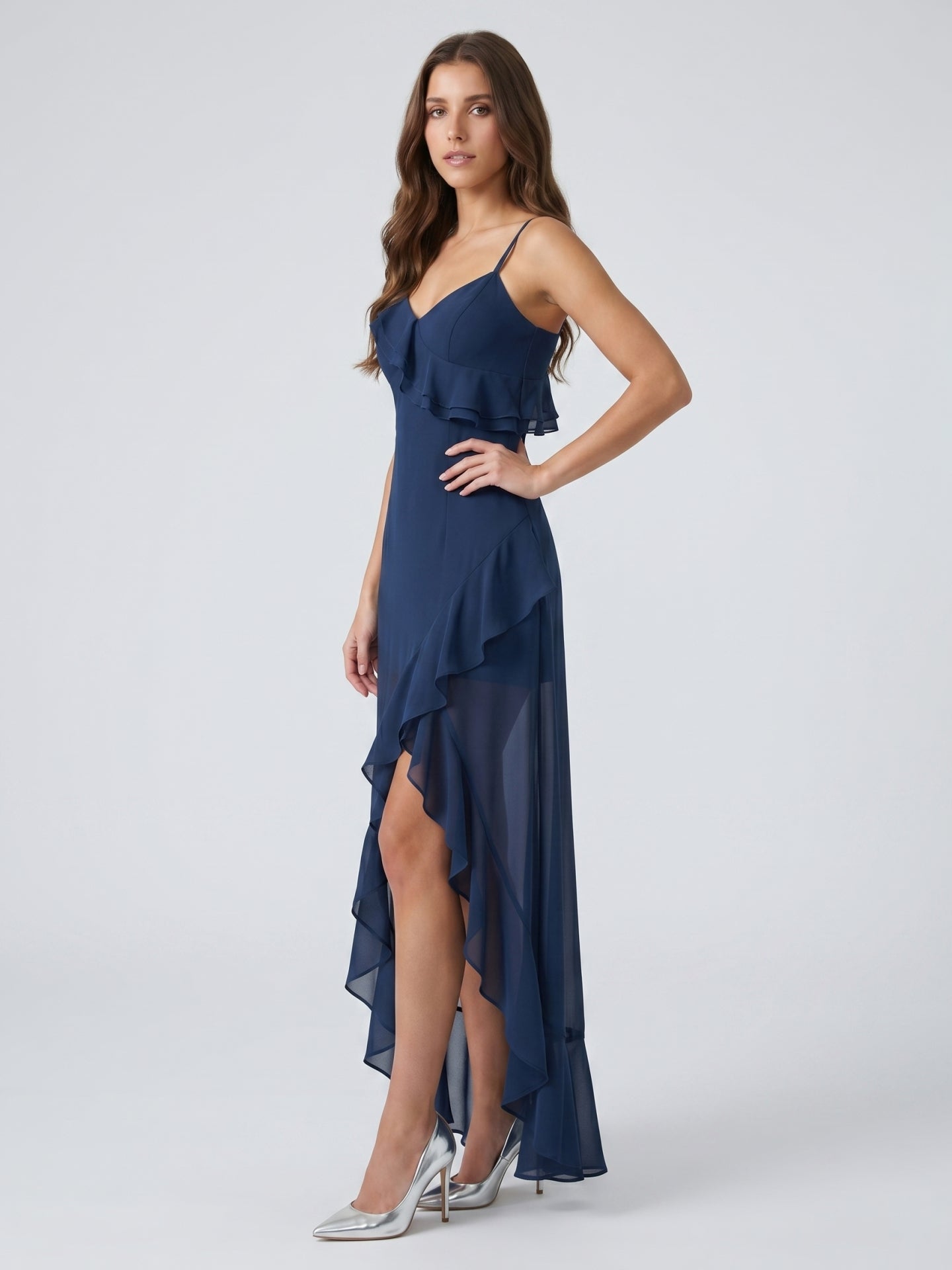 Navy Blue Chiffon A-Line V-Neck Side Zip Floor-Length Bridesmaid Dress with Ruffle