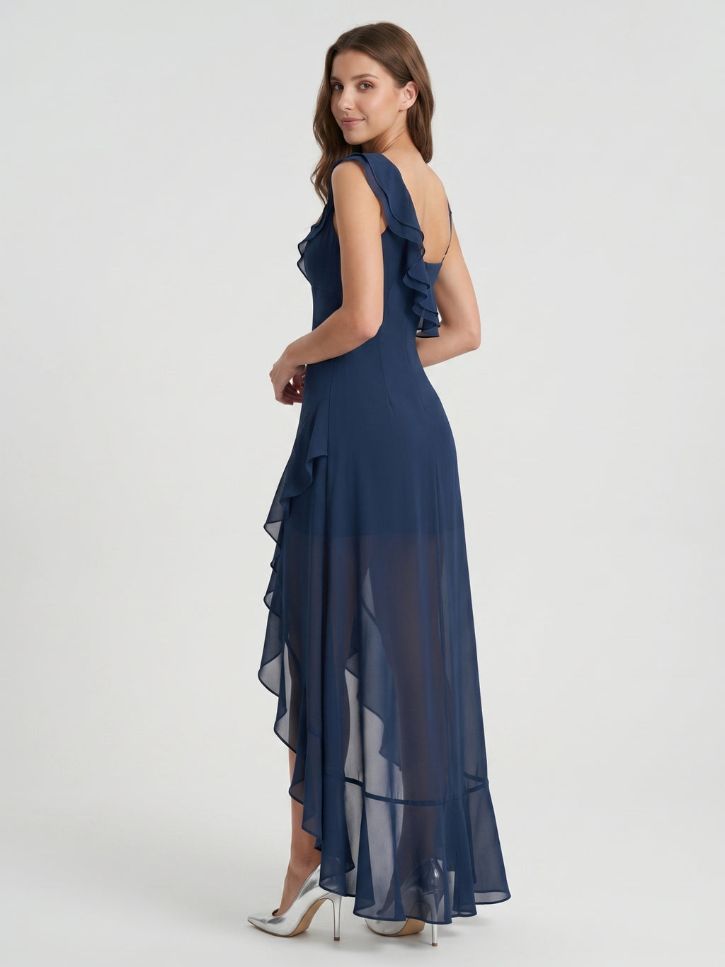 Navy Blue Chiffon A-Line V-Neck Side Zip Floor-Length Bridesmaid Dress with Ruffle