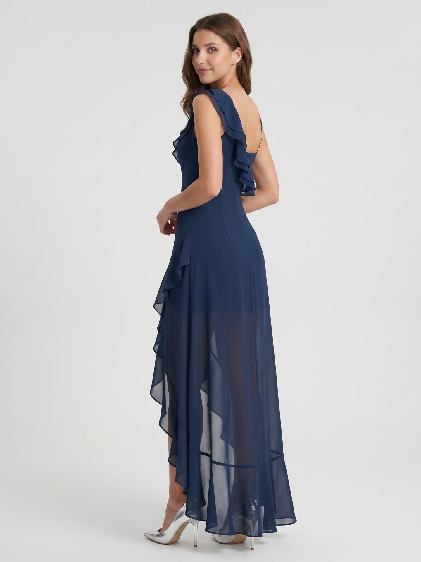 Navy Blue Chiffon A-Line V-Neck Side Zip Floor-Length Bridesmaid Dress with Ruffle