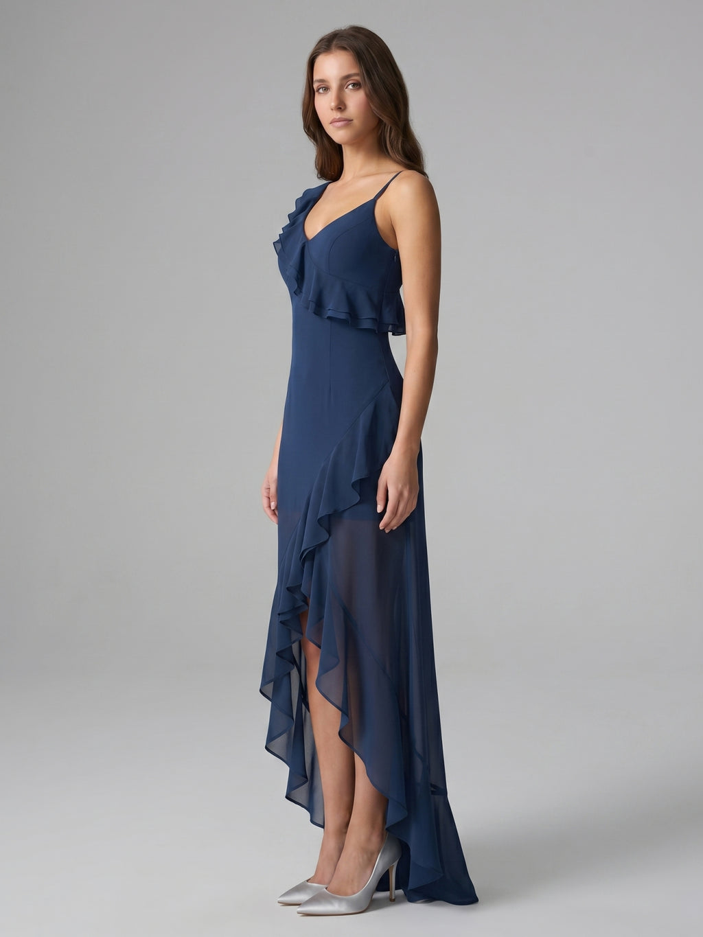 Navy Blue Chiffon A-Line V-Neck Side Zip Floor-Length Bridesmaid Dress with Ruffle