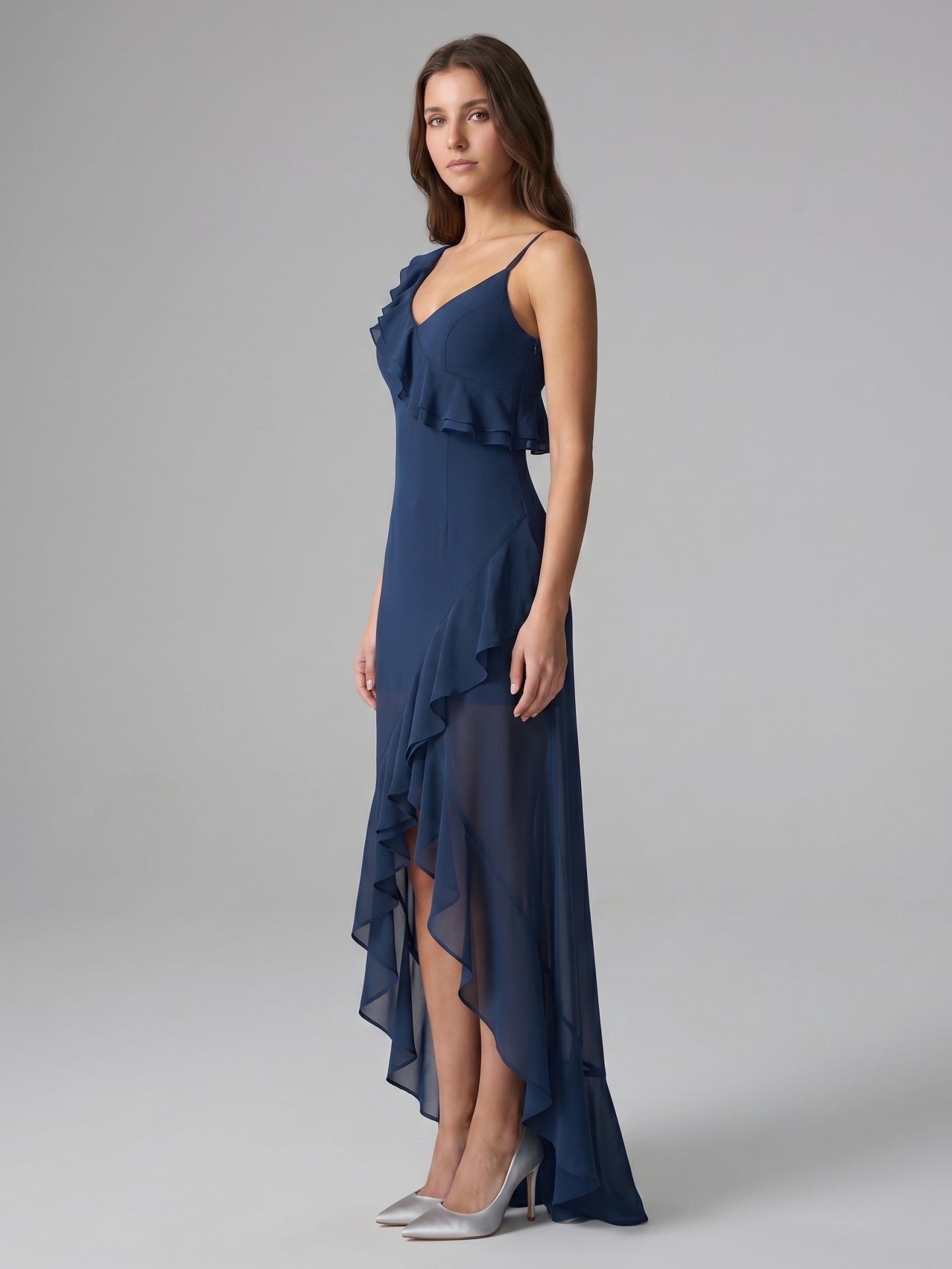 Navy Blue Chiffon A-Line V-Neck Side Zip Floor-Length Bridesmaid Dress with Ruffle
