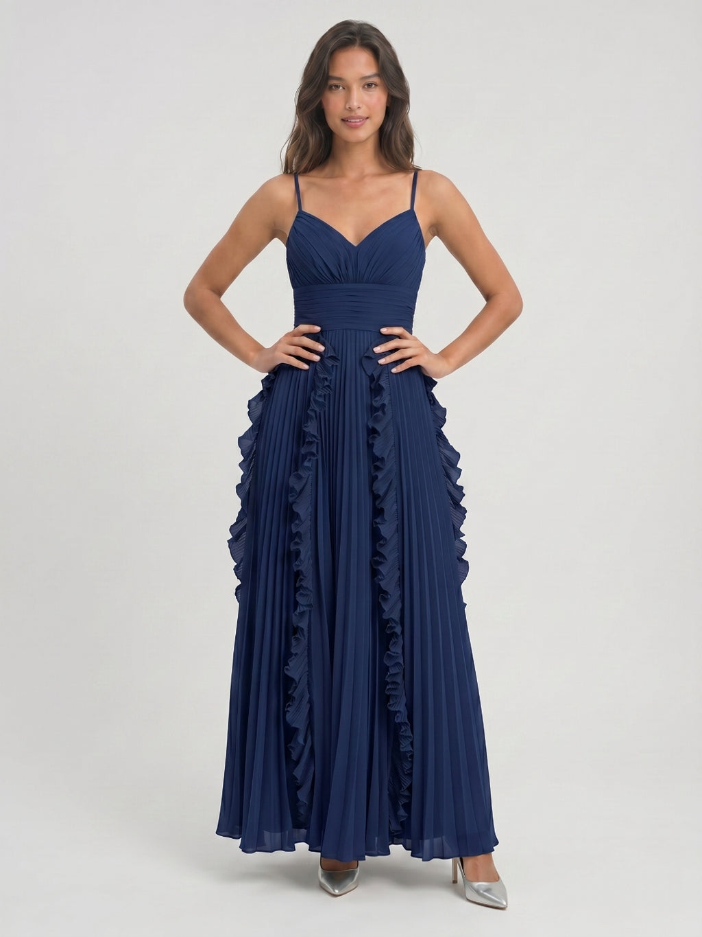 Navy Blue Chiffon A-Line V-Neck V-Back Floor-Length Formal Dress with Pleating