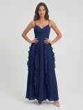 Navy Blue Chiffon A-Line V-Neck V-Back Floor-Length Formal Dress with Pleating