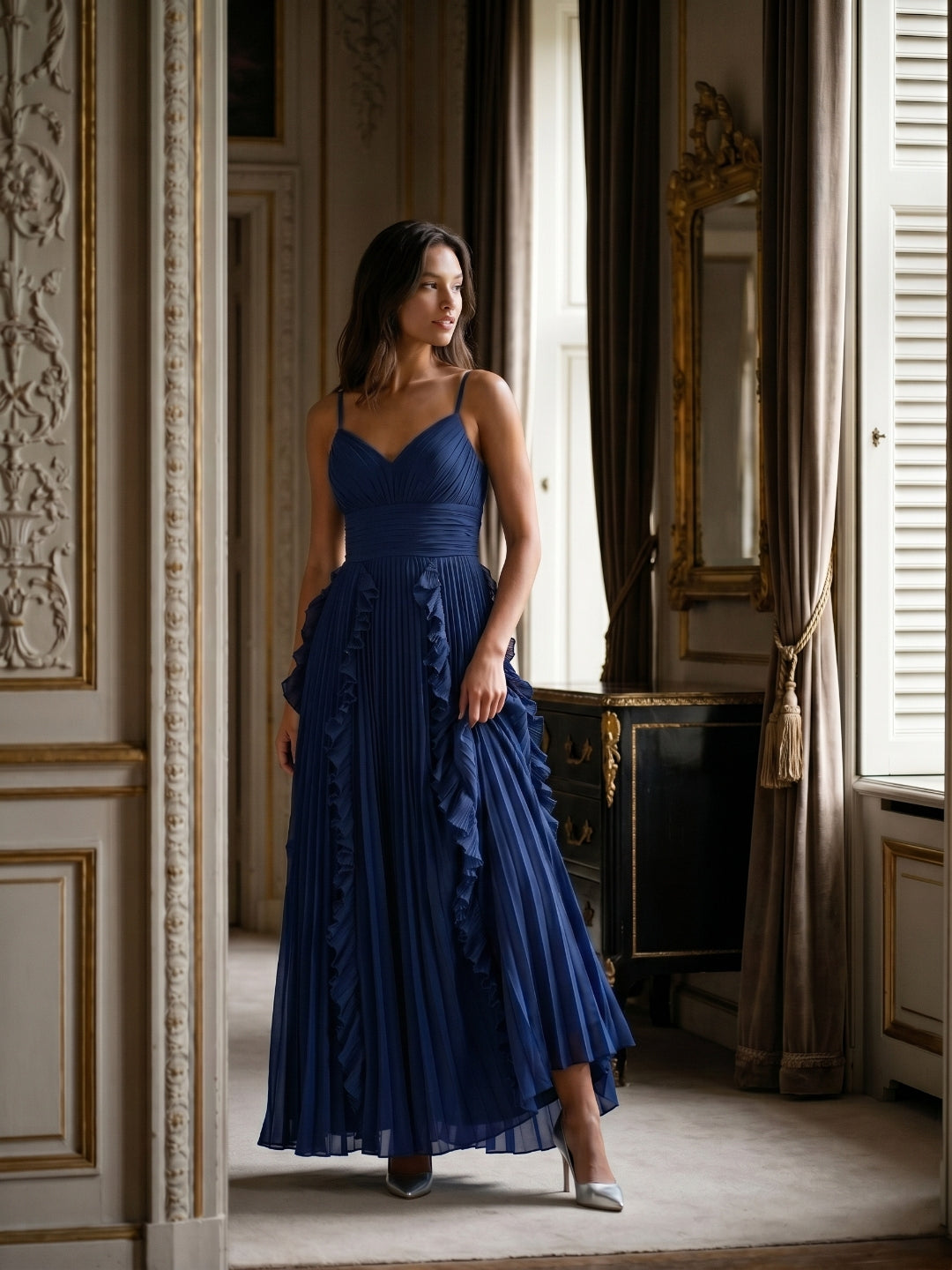 Navy Blue Chiffon A-Line V-Neck V-Back Floor-Length Formal Dress with Pleating