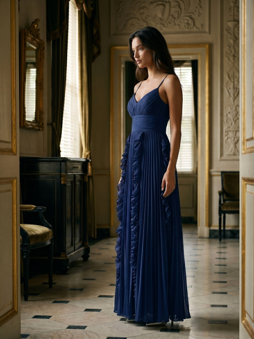 Navy Blue Chiffon A-Line V-Neck V-Back Floor-Length Formal Dress with Pleating
