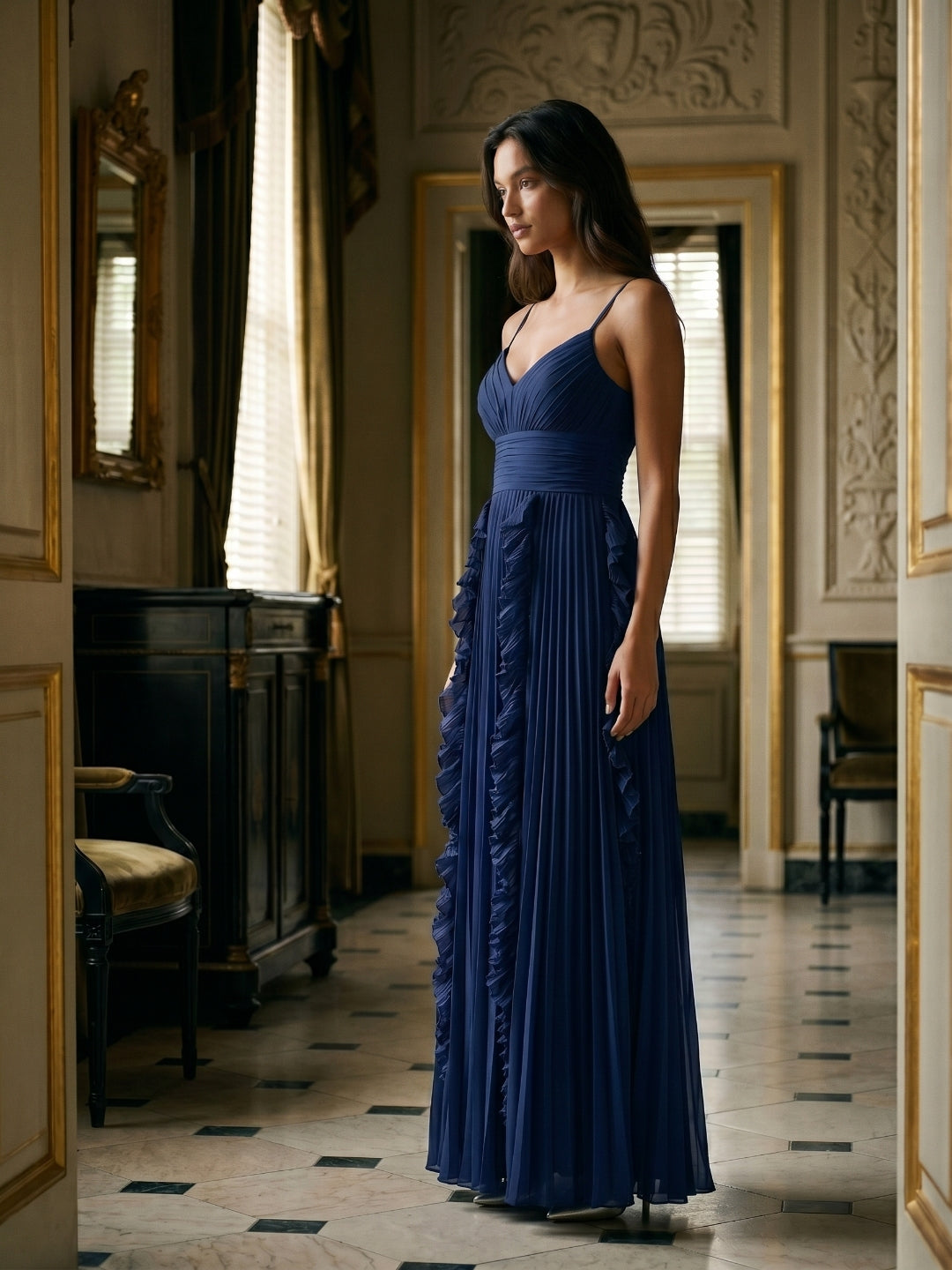 Navy Blue Chiffon A-Line V-Neck V-Back Floor-Length Formal Dress with Pleating