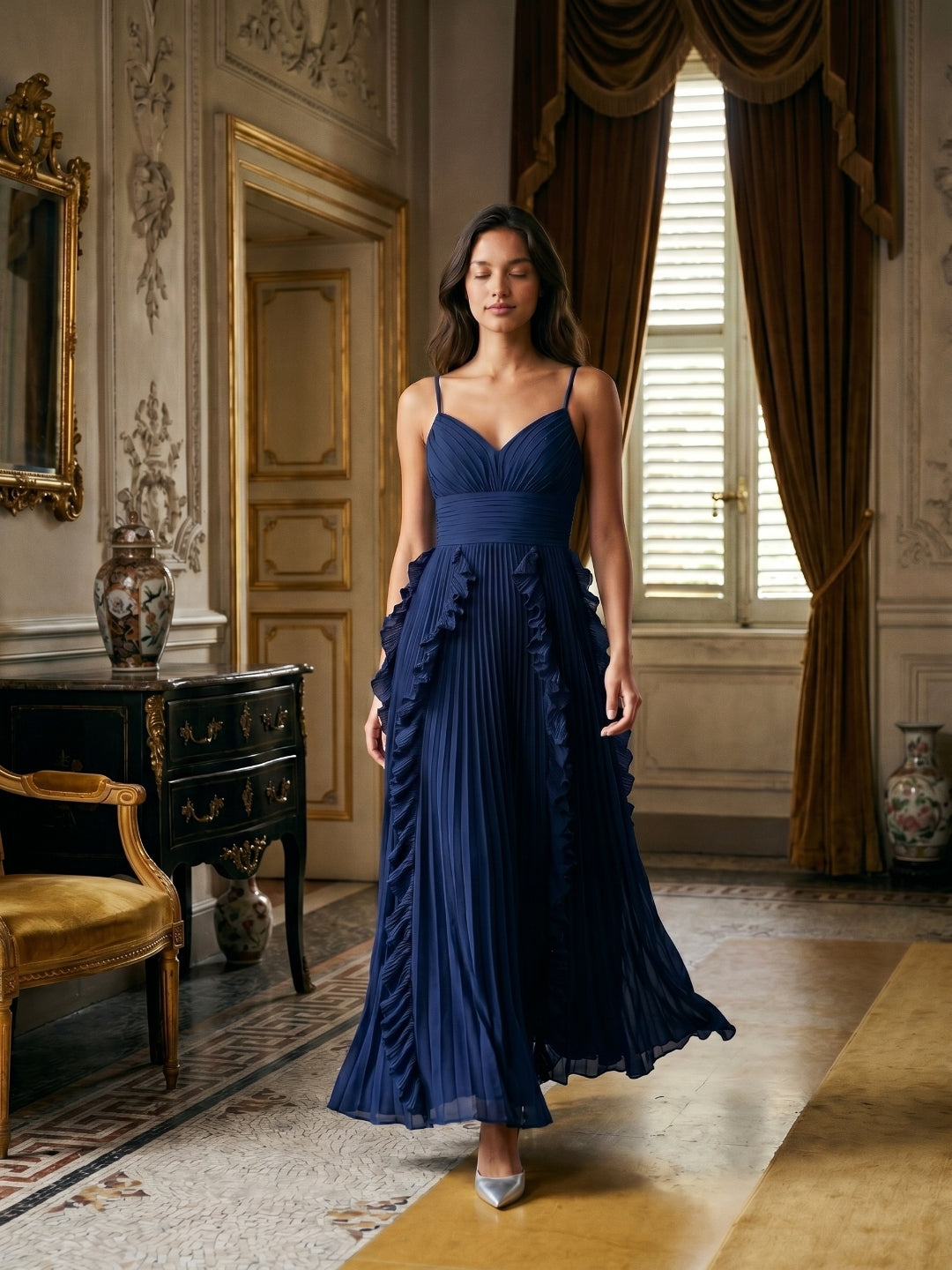 Navy Blue Chiffon A-Line V-Neck V-Back Floor-Length Formal Dress with Pleating