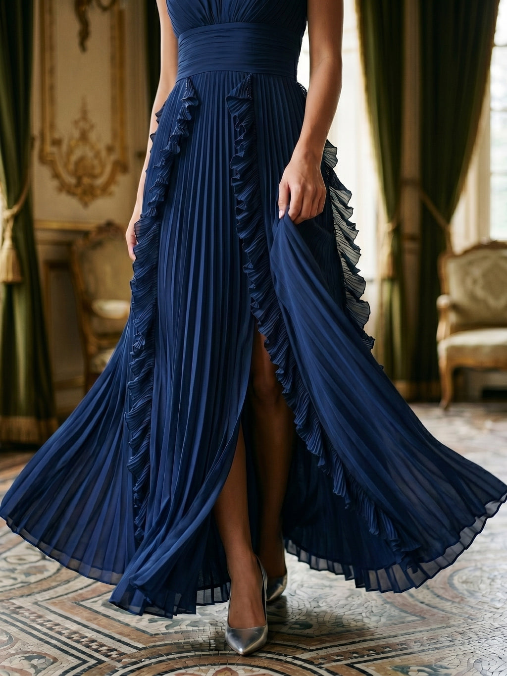 Navy Blue Chiffon A-Line V-Neck V-Back Floor-Length Formal Dress with Pleating