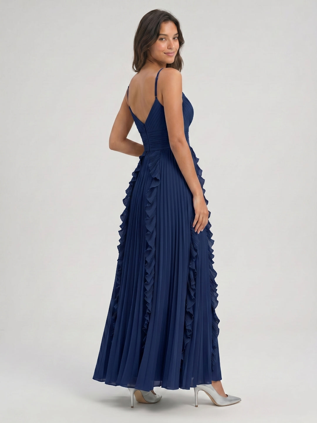 Navy Blue Chiffon A-Line V-Neck V-Back Floor-Length Formal Dress with Pleating