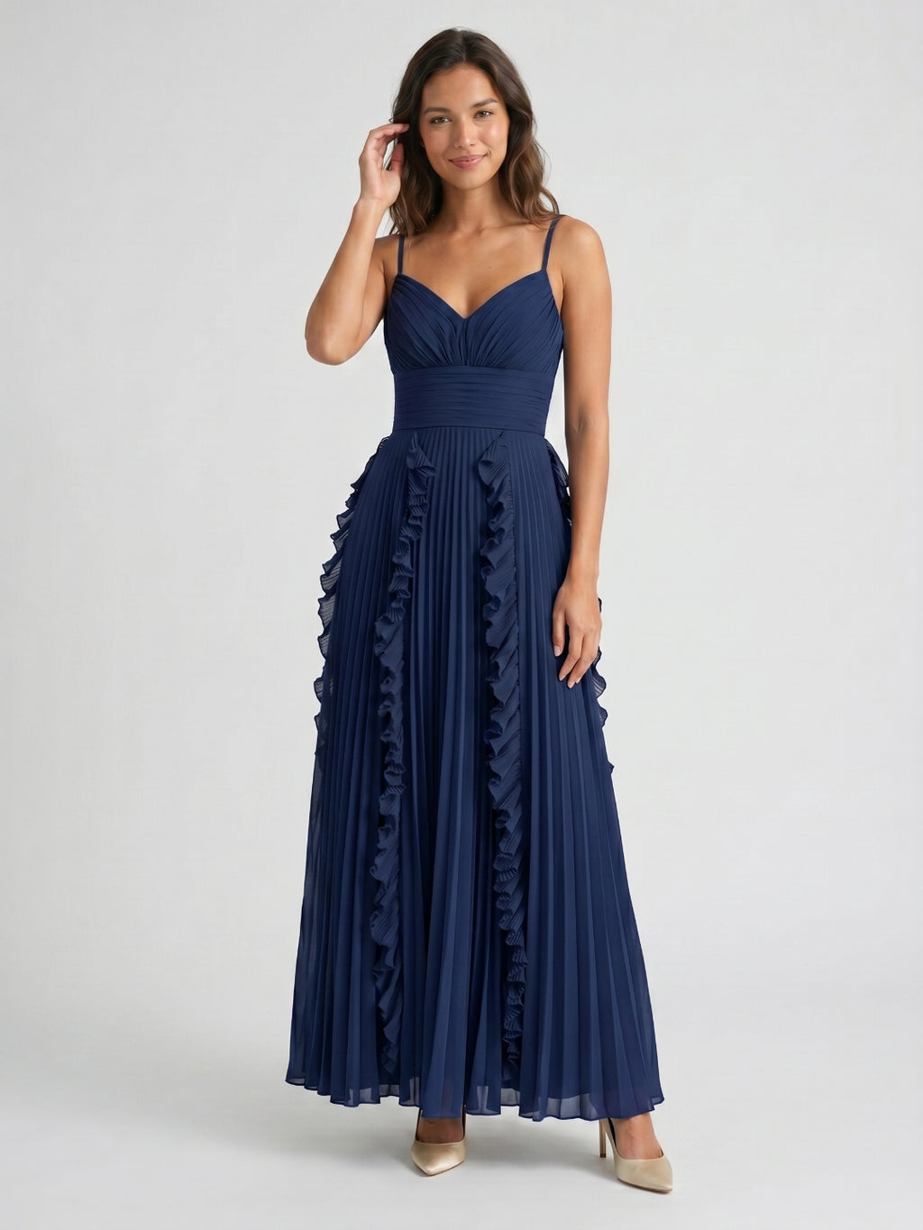 Navy Blue Chiffon A-Line V-Neck V-Back Floor-Length Formal Dress with Pleating
