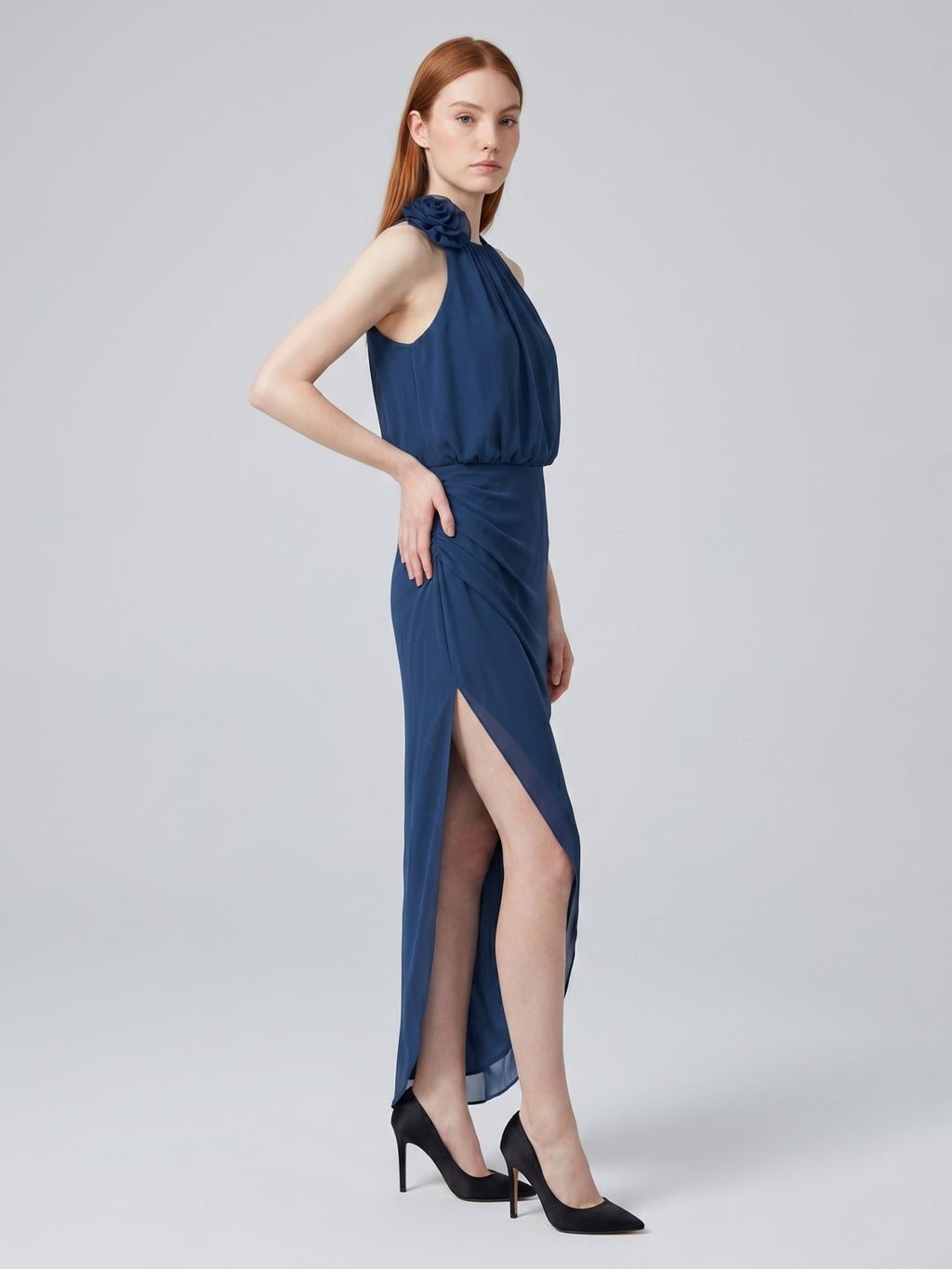 Navy Blue Chiffon Column Halter Neckline Back Zip Asymmetrical Bridesmaid Dress