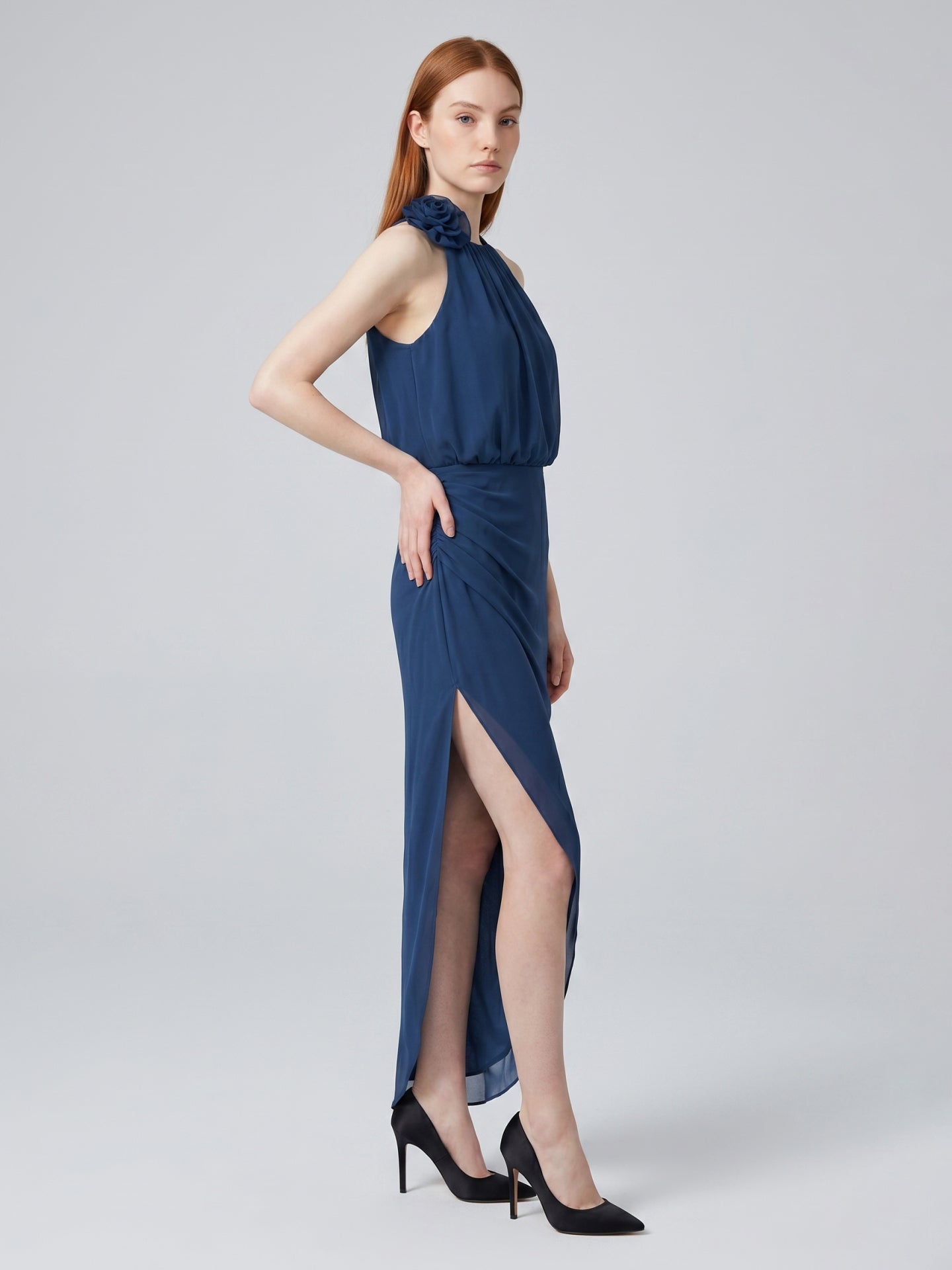 Navy Blue Chiffon Column Halter Neckline Back Zip Asymmetrical Bridesmaid Dress