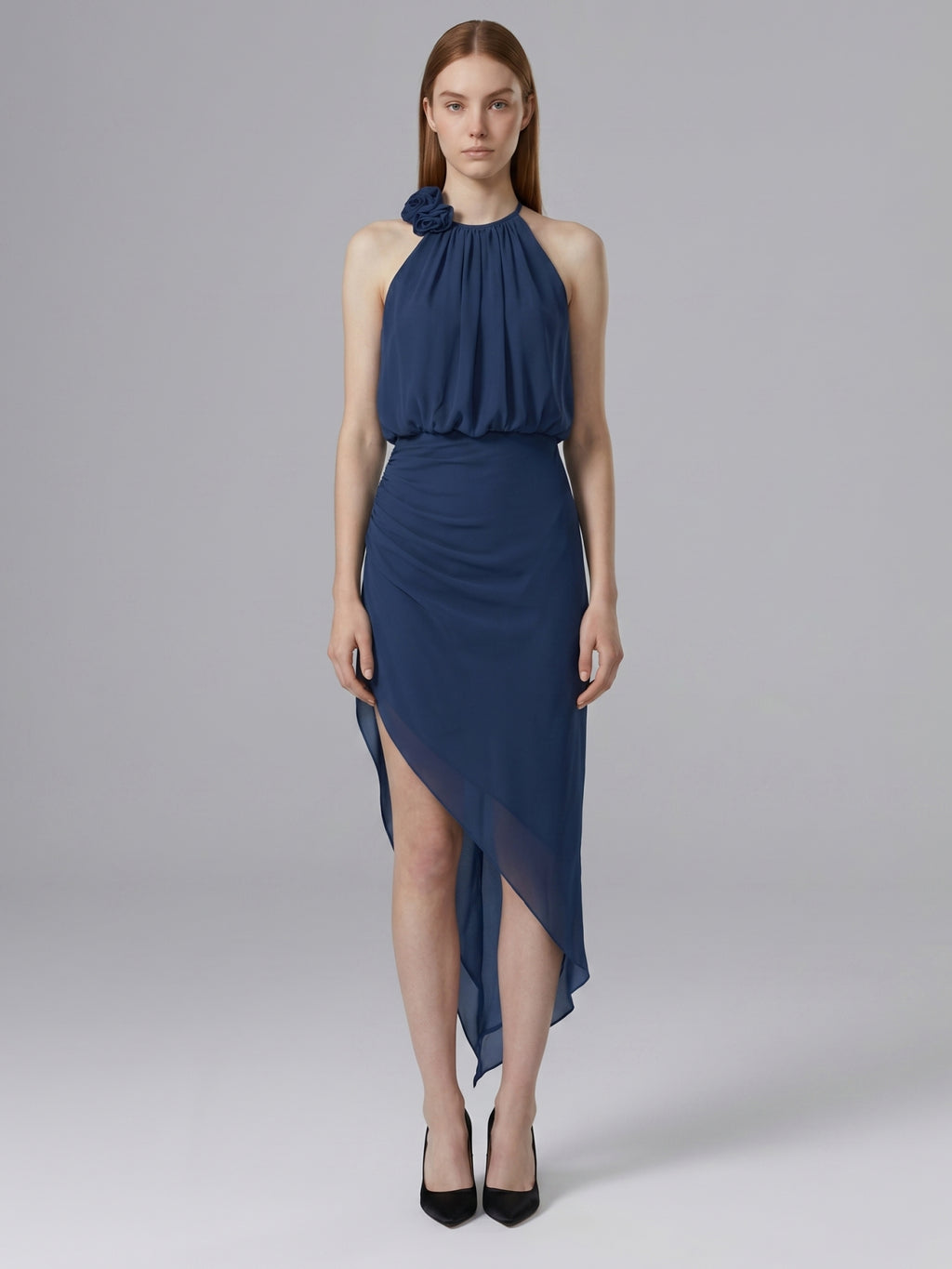 Navy Blue Chiffon Column Halter Neckline Back Zip Asymmetrical Bridesmaid Dress