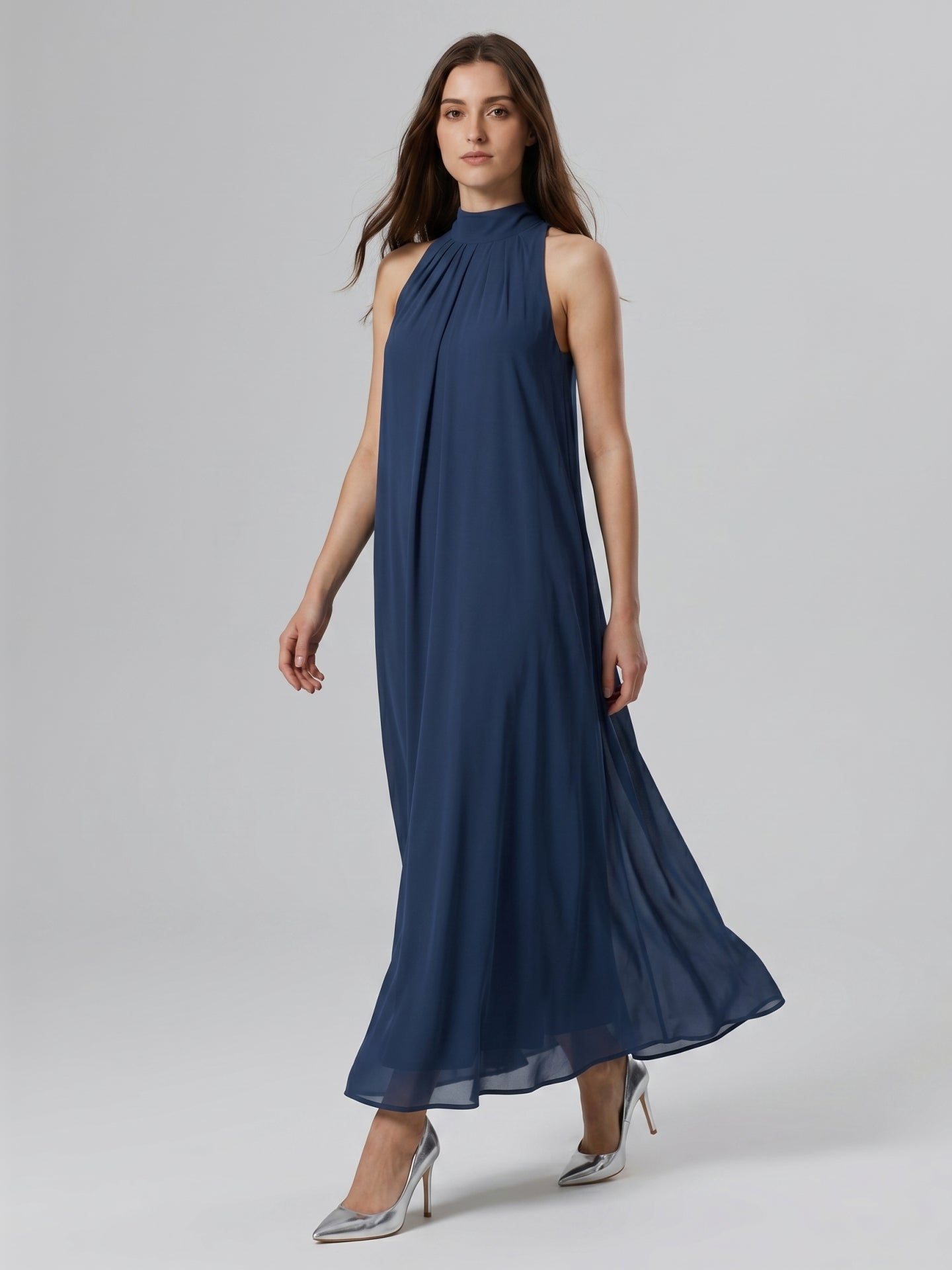Navy Blue Chiffon Sheath Scoop Neck Lace-up Ankle-Length Bridesmaid Dress