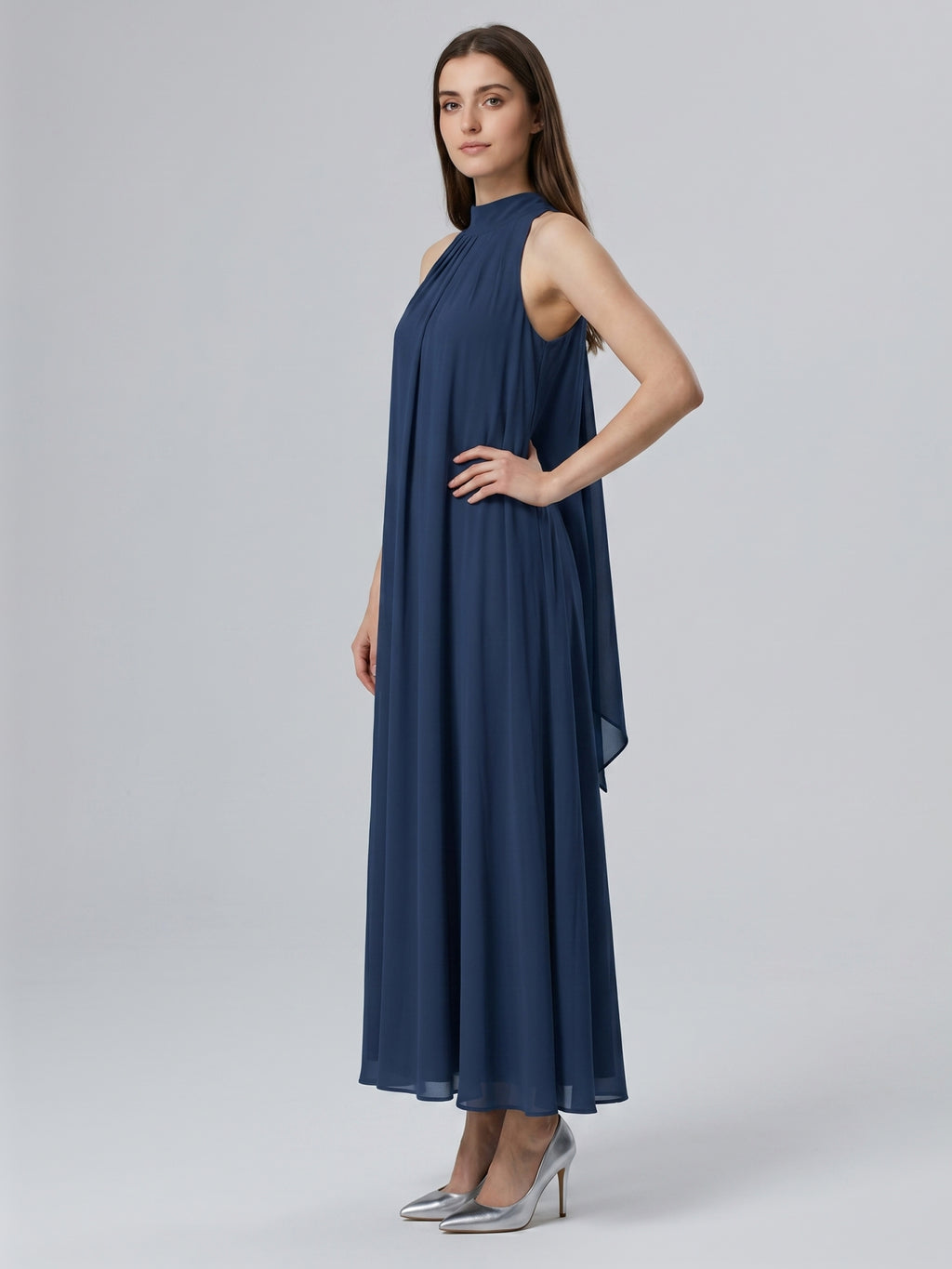 Navy Blue Chiffon Sheath Scoop Neck Lace-up Ankle-Length Bridesmaid Dress