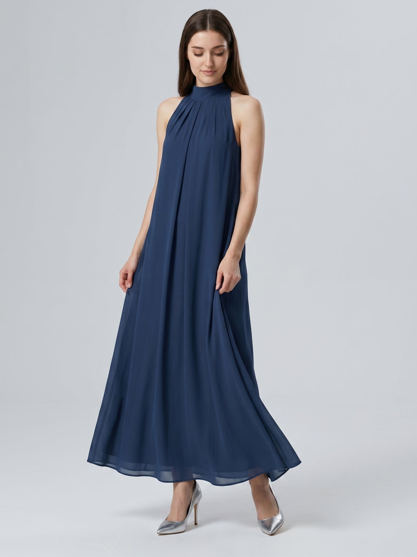 Navy Blue Chiffon Sheath Scoop Neck Lace-up Ankle-Length Bridesmaid Dress