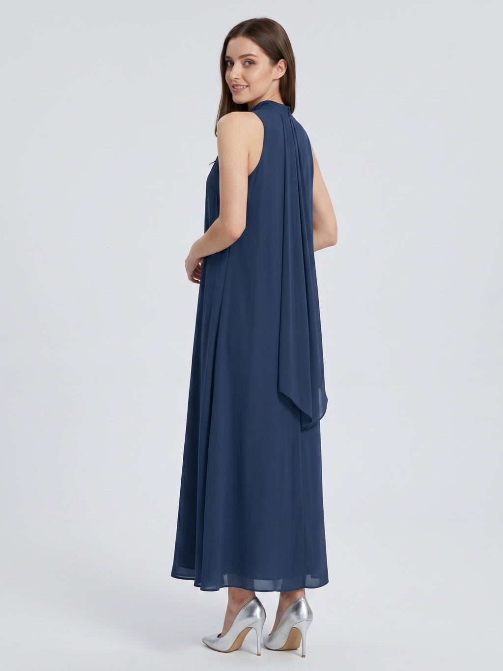 Navy Blue Chiffon Sheath Scoop Neck Lace-up Ankle-Length Bridesmaid Dress
