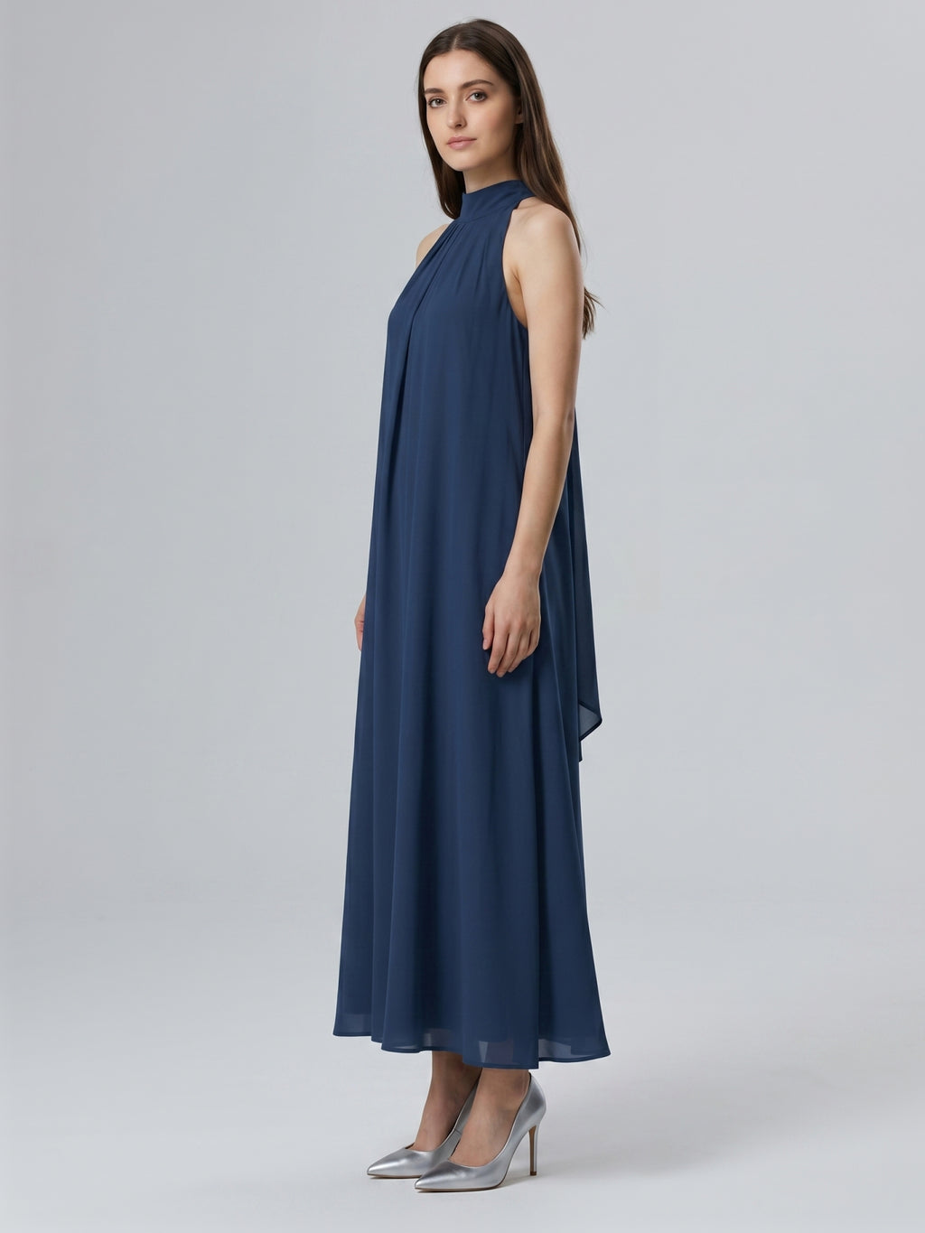 Navy Blue Chiffon Sheath Scoop Neck Lace-up Ankle-Length Bridesmaid Dress