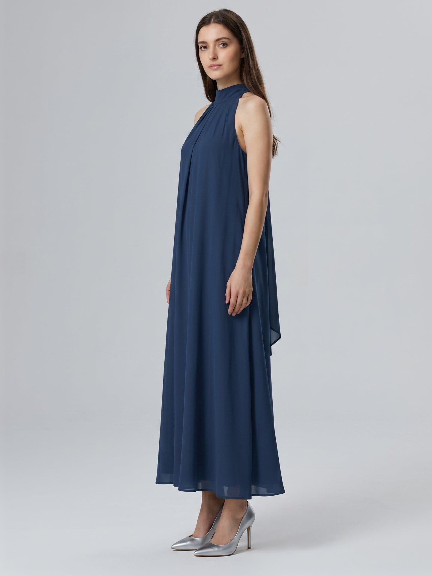 Navy Blue Chiffon Sheath Scoop Neck Lace-up Ankle-Length Bridesmaid Dress