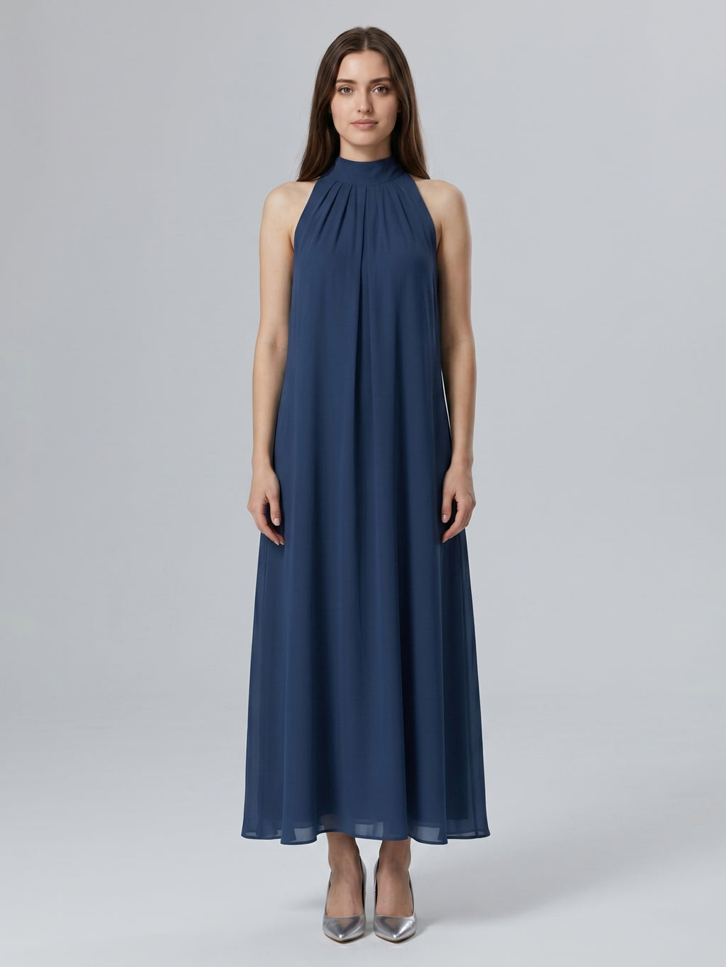 Navy Blue Chiffon Sheath Scoop Neck Lace-up Ankle-Length Bridesmaid Dress