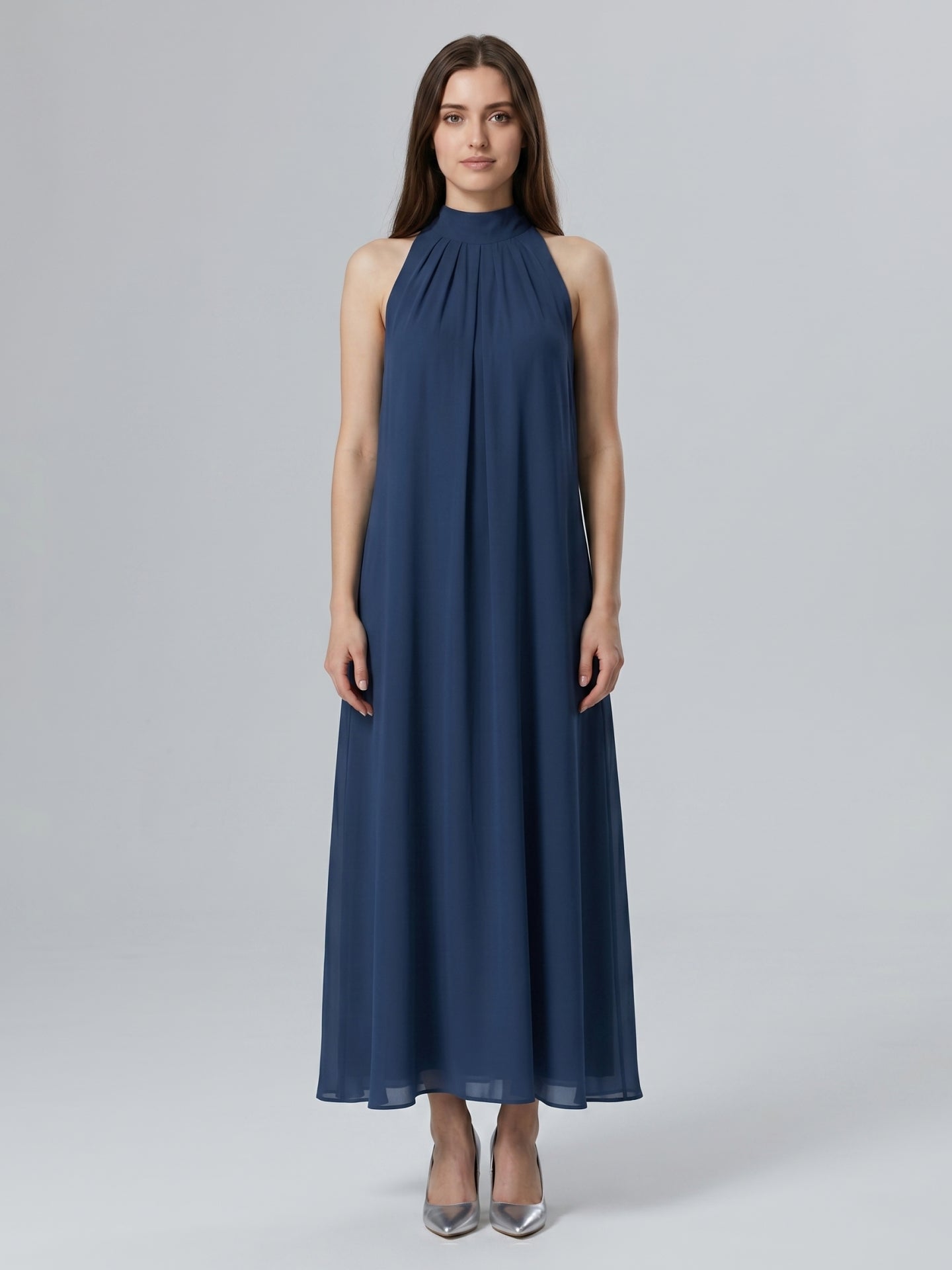 Navy Blue Chiffon Sheath Scoop Neck Lace-up Ankle-Length Bridesmaid Dress