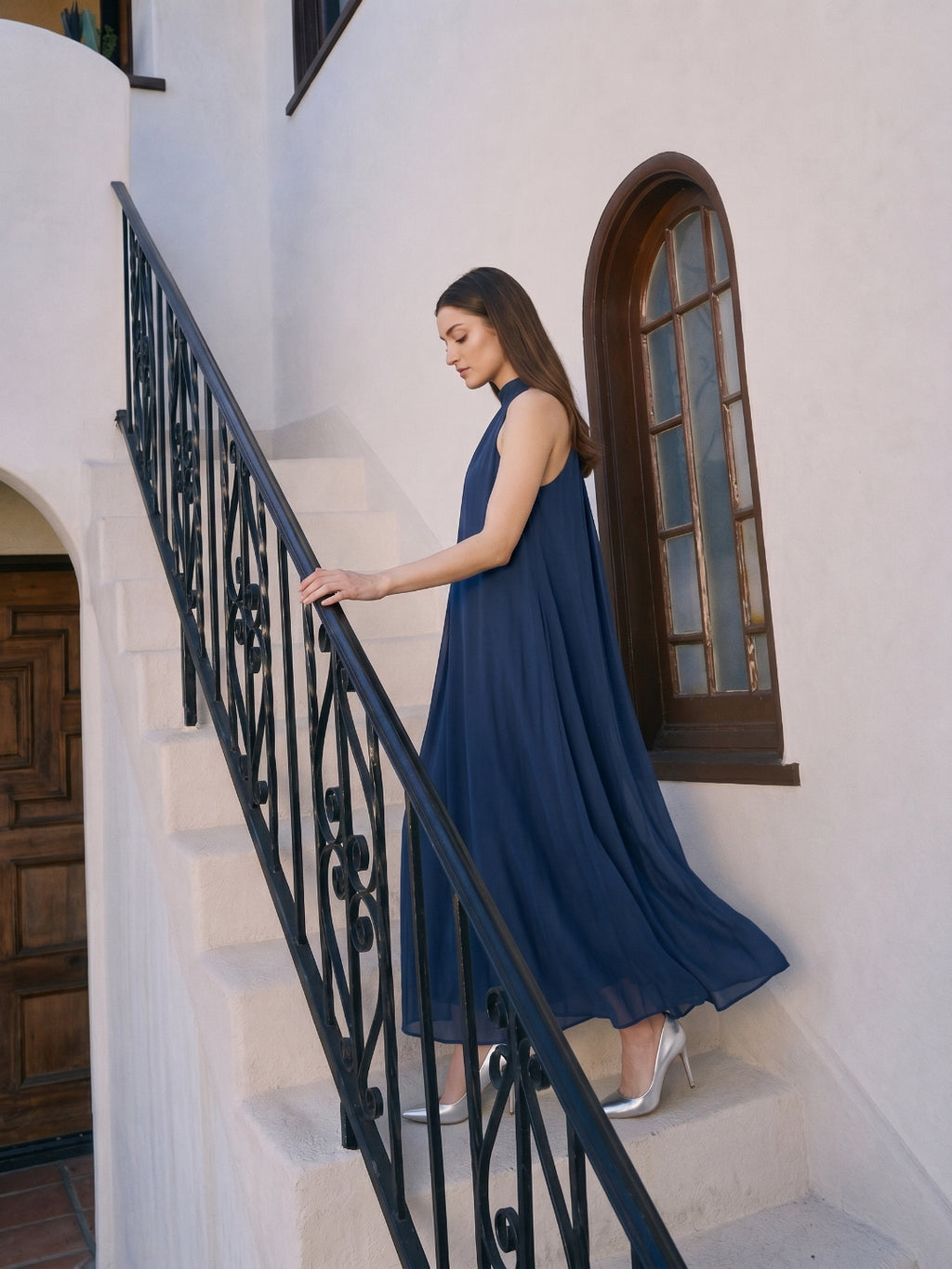 Navy Blue Chiffon Sheath Scoop Neck Lace-up Ankle-Length Bridesmaid Dress