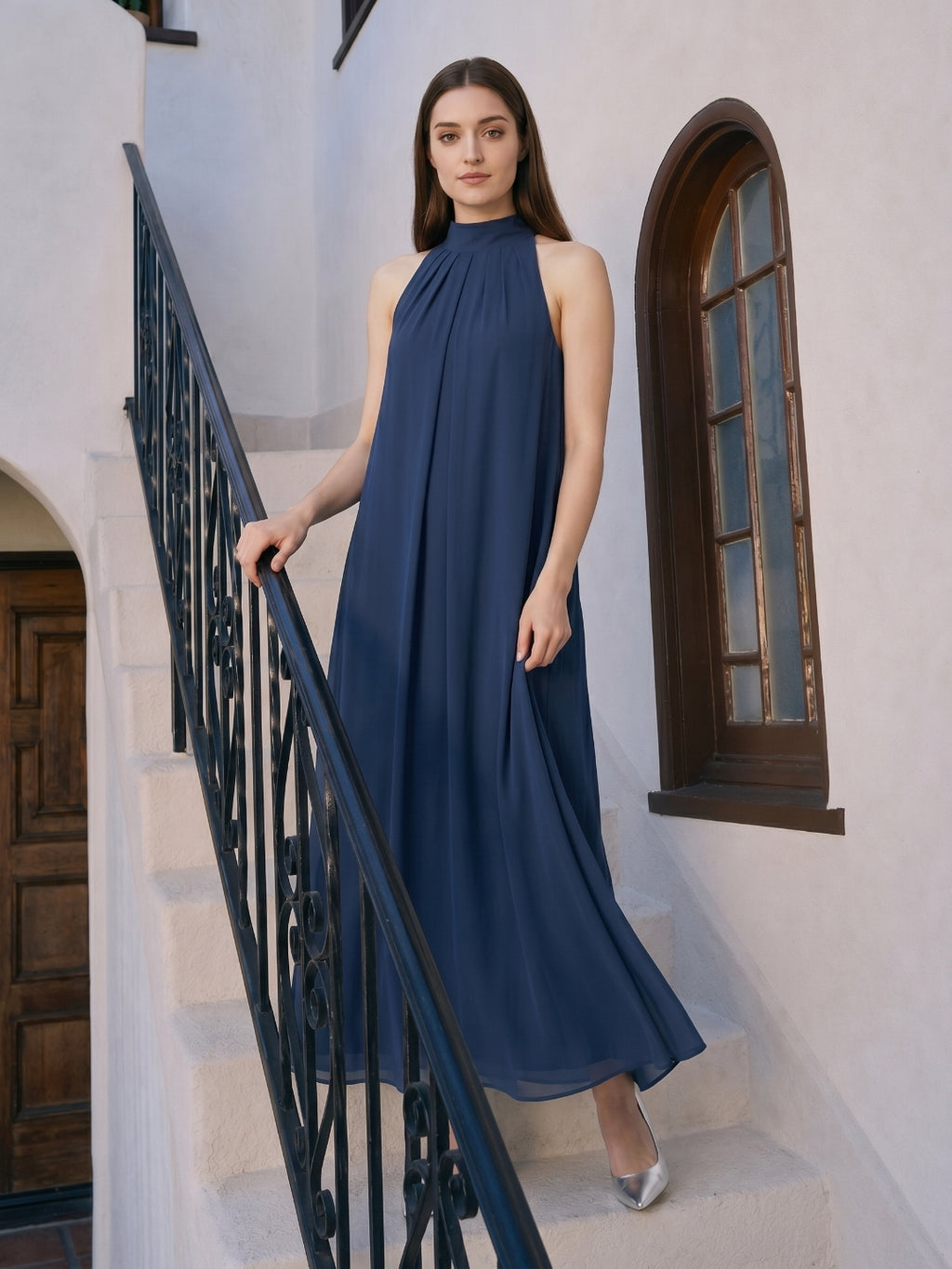 Navy Blue Chiffon Sheath Scoop Neck Lace-up Ankle-Length Bridesmaid Dress